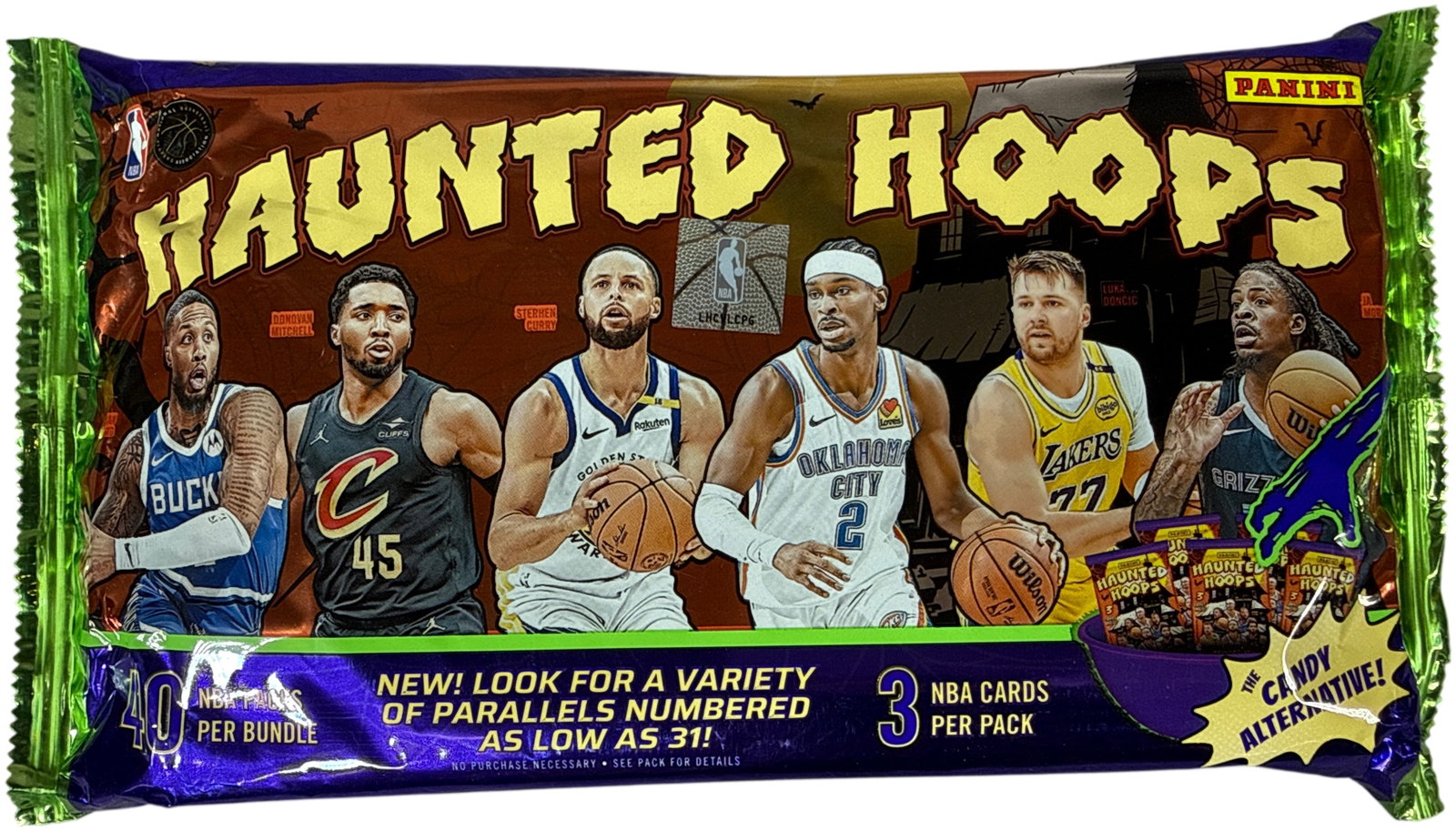 2024-25 Panini Haunted Hoops Basketball 40-Pack Bundle: This is a factory-sealed bundle of 2024-25 Panini Haunted Hoops Basketball cards. The bundle contains a group of individual packs, with each pack containing NBA cards, for a total of cards. Marketed a