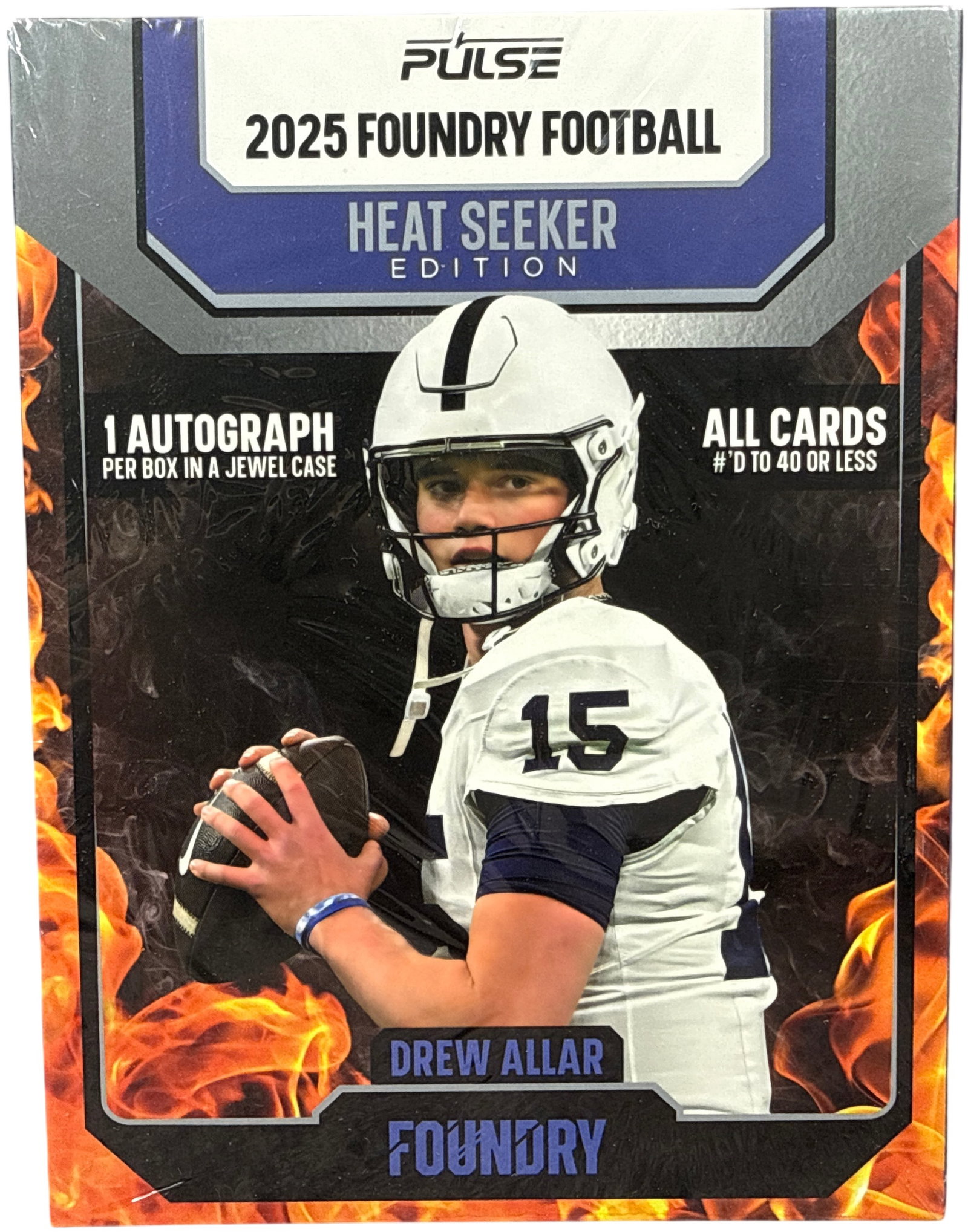 2025 Pulse Foundry Football Heat Seeker Edition Factory Sealed Box: This is a factory-sealed box of 2025 Foundry Football trading cards, specifically the Heat Seeker Edition, produced by Pulse Trading Cards. The box features Penn State quarterback Drew Allar on the fr