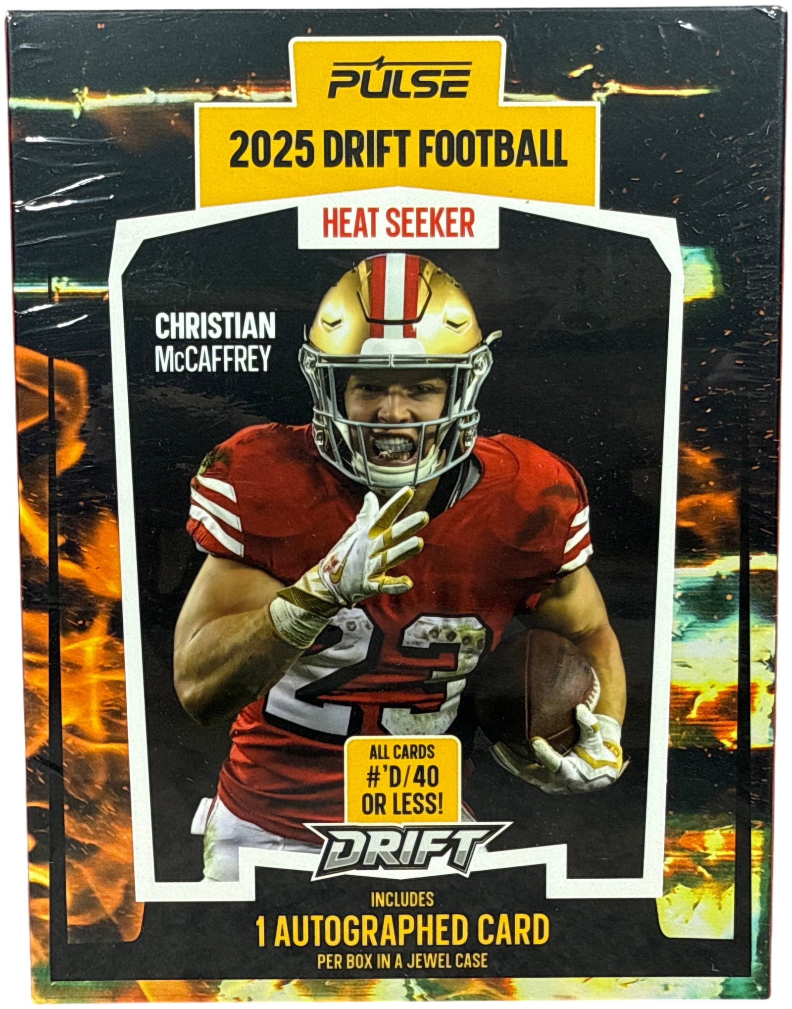 2025 Pulse Drift Football Heat Seeker Edition Factory Sealed Hobby Box: This is a factory-sealed hobby box of 2025 Pulse Drift Football Heat Seeker Edition trading cards, produced by Pulse Trading Cards, LLC. The front of the box features San Francisco 49ers running back 