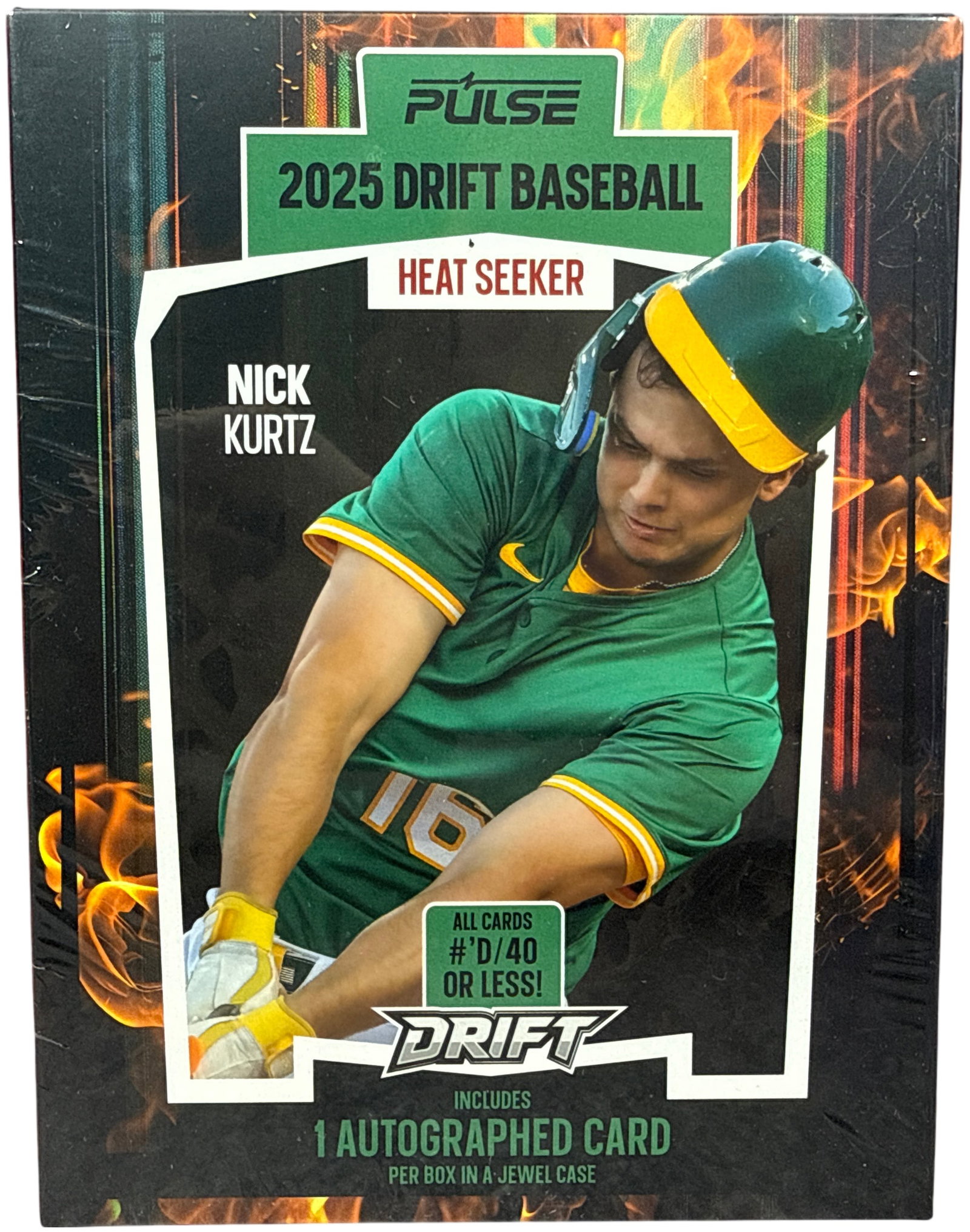2025 Pulse Drift Baseball Heat Seeker Edition Factory Sealed Hobby Box: This is a factory-sealed hobby box of 2025 Pulse Drift Baseball, Heat Seeker Edition. The product is manufactured by Pulse Trading Cards, LLC and features prospect Nick Kurtz on the front cover. The b