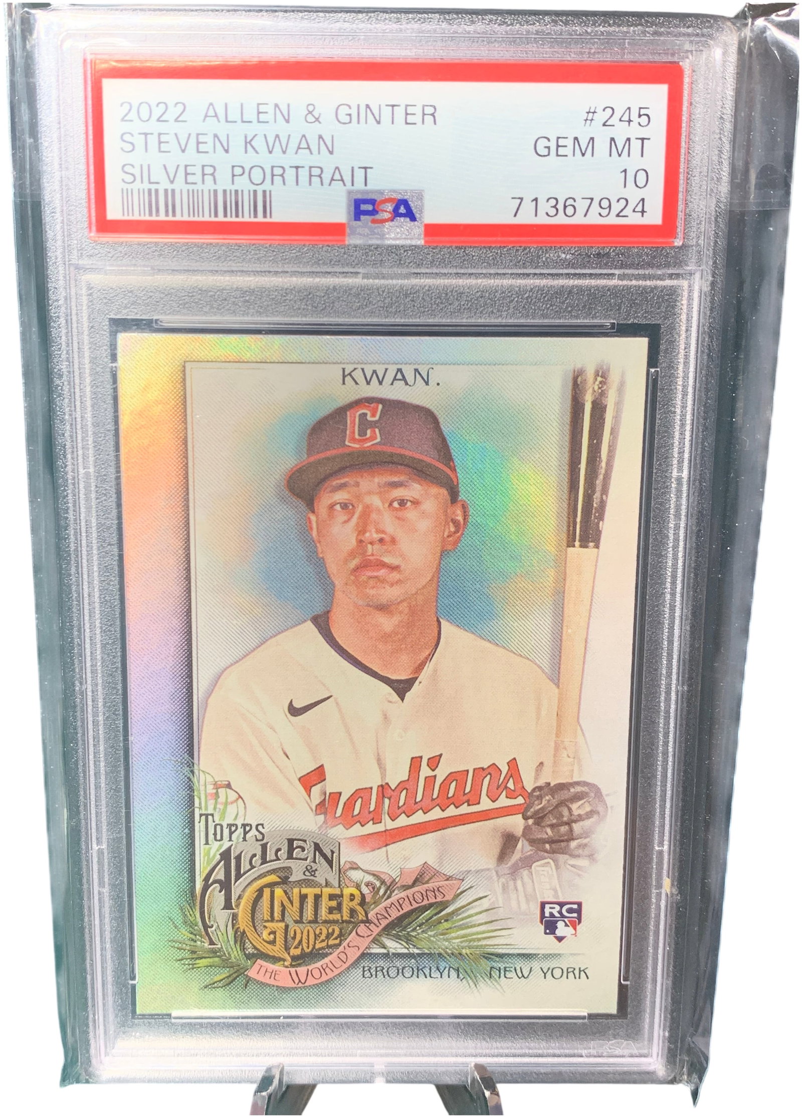 2022 Topps Allen and Ginter Steven Kwan #245 Silver Portrait Rookie Card PSA GEM MT 10: This lot features a 2022 Topps Allen and Ginter rookie card of Cleveland Guardians outfielder Steven Kwan, designated as card number 245. This specific card is the Silver Portrait parallel, which is d