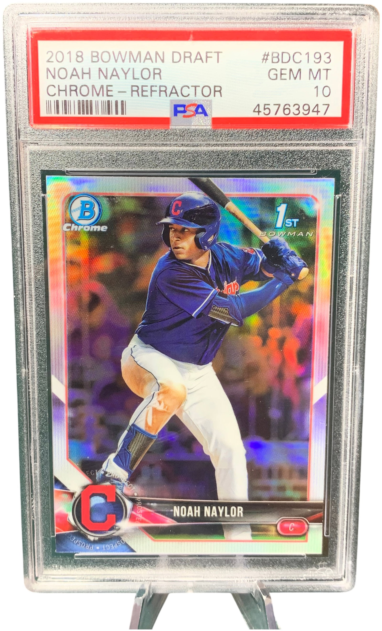 2018 Bowman Draft Chrome Noah Naylor Refractor BDC-193 PSA 10 Gem Mint: This 2018 Bowman Draft Chrome Refractor features Cleveland Indians prospect Noah Naylor. The card, identified as number BDC-193, includes the 1st Bowman logo on the front, signifying the player’s fi