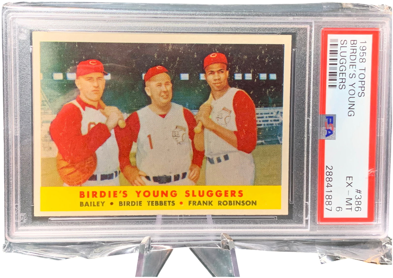 1958 Topps #386 Birdie's Young Sluggers Ed Bailey Birdie Tebbets Frank Robinson PSA EX-MT 6: A 1958 Topps baseball card, number 386, titled Birdie's Young Sluggers. The card features Cincinnati Redlegs catcher Ed Bailey, manager Birdie Tebbets, and Hall of Fame outfielder Frank Robinson. This