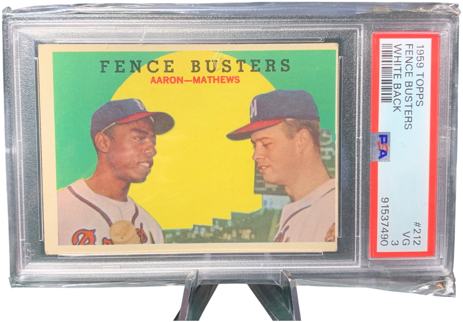 1959 Topps #212 Fence Busters Hank Aaron Eddie Mathews White Back PSA 3 VG (1 of 3)