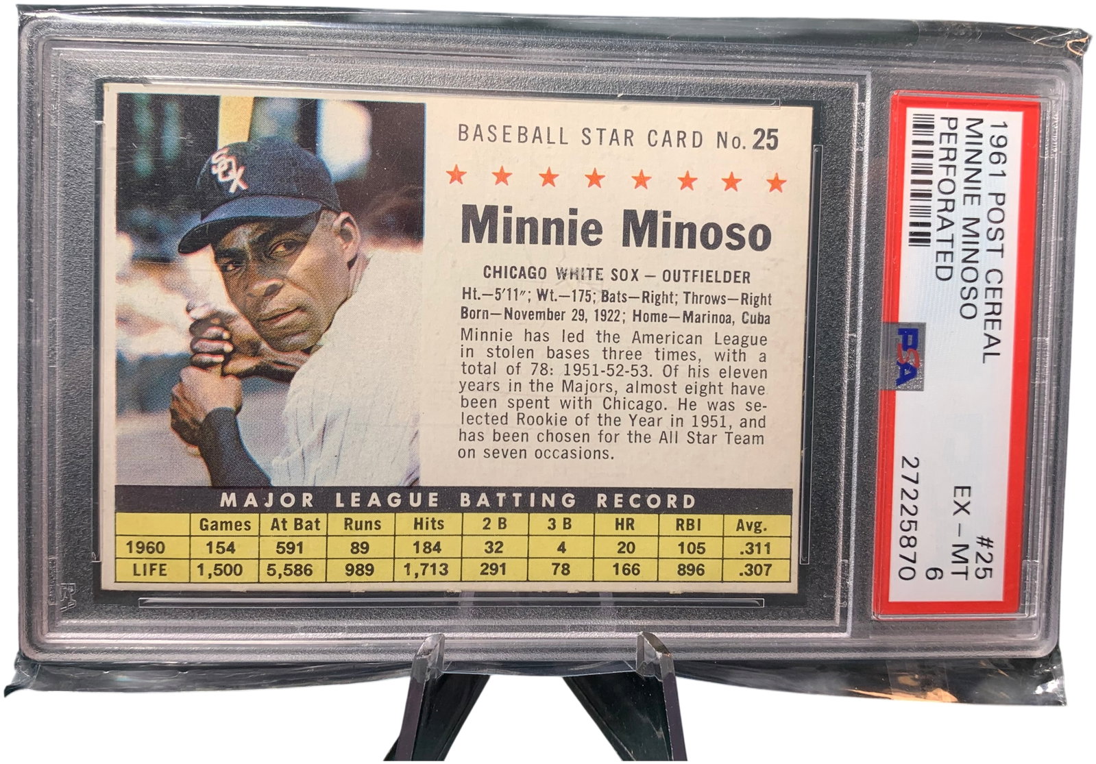 1961 Post Cereal #25 Minnie Minoso Chicago White Sox PSA EX-MT 6 Perforated (1 of 3)