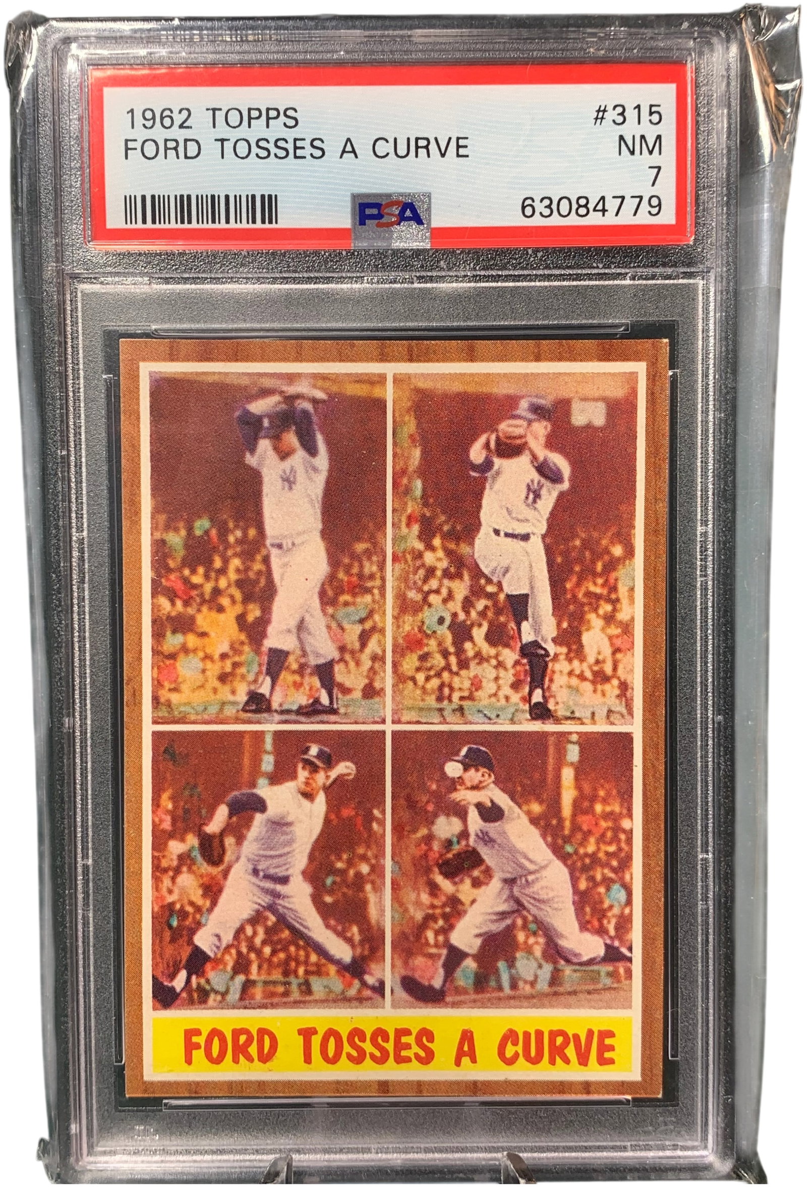 1962 Topps Whitey Ford #315 Ford Tosses A Curve PSA NM 7: This is a 1962 Topps baseball card, number 315, featuring New York Yankees Hall of Fame pitcher Whitey Ford. The card is titled Ford Tosses A Curve and presents a four-panel photographic sequence of t