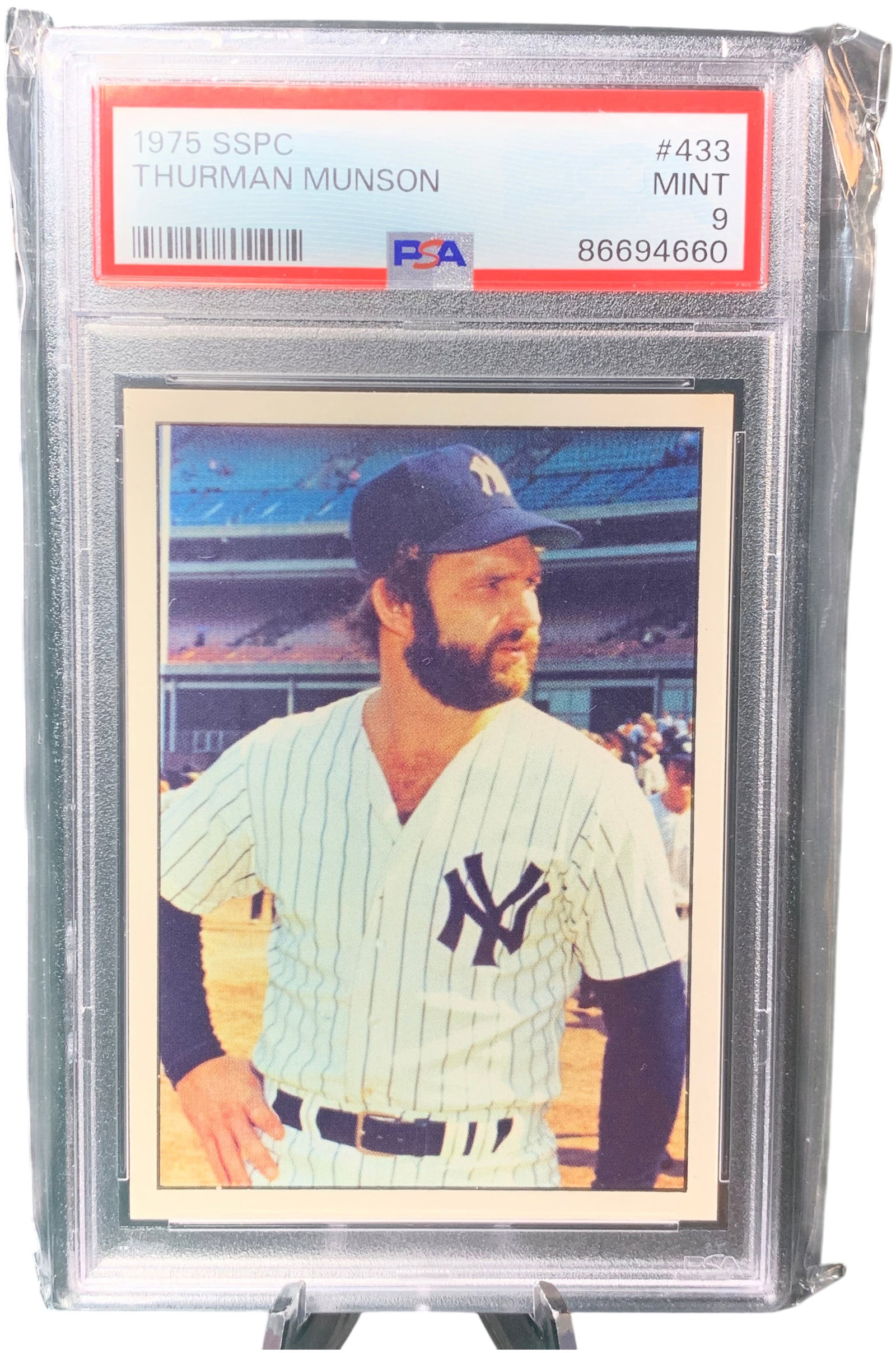 1975 SSPC #433 Thurman Munson New York Yankees PSA MINT 9: This is a 1975 Sports Stars Publishing Company (SSPC) baseball card featuring Thurman Munson of the New York Yankees, identified as card number 433. The front of the card displays a color photograph o