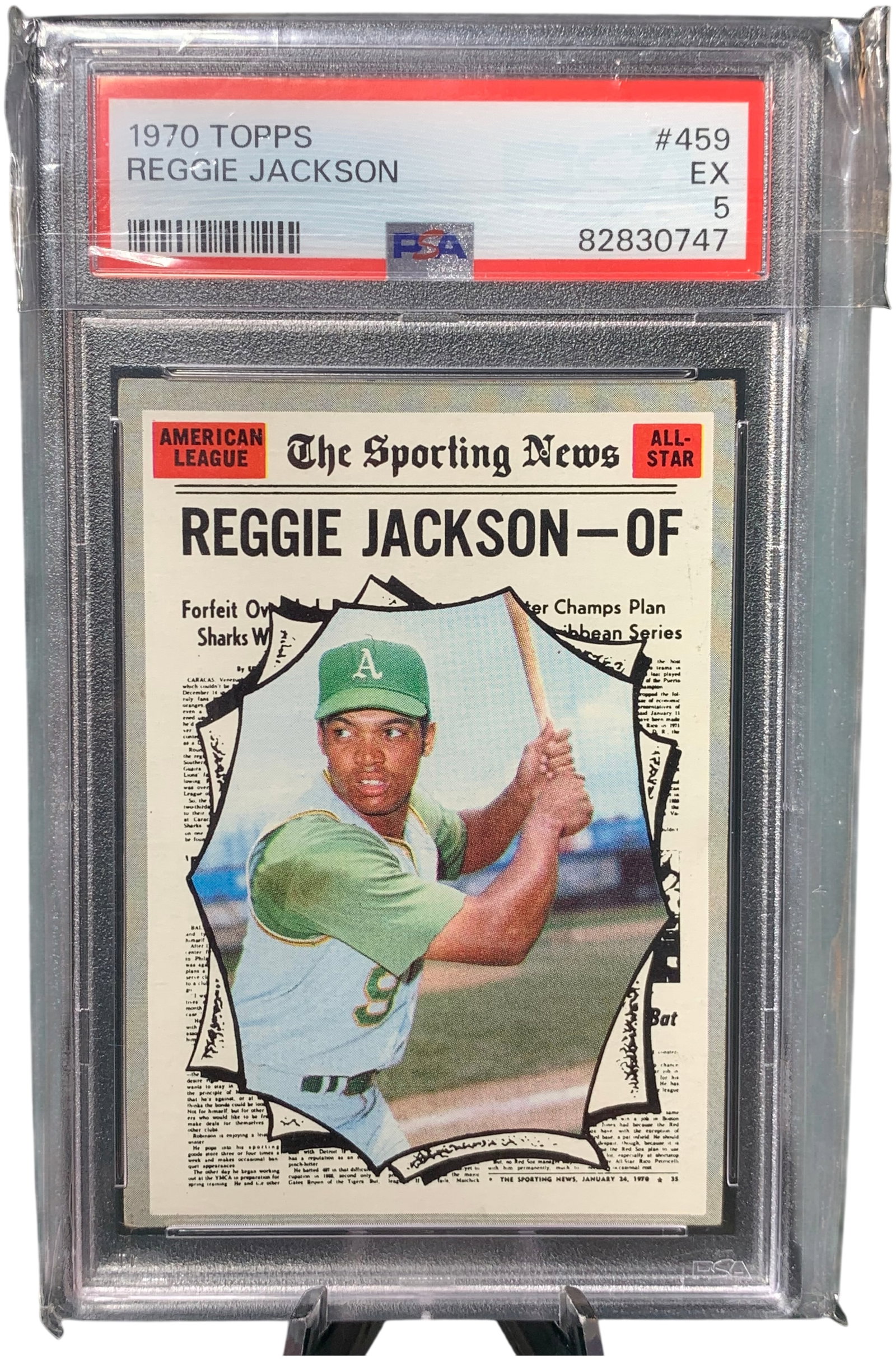 1970 Topps #459 Reggie Jackson The Sporting News All-Star PSA 5 EX: This is a professionally graded 1970 Topps baseball card featuring Hall of Famer Reggie Jackson. The card is number 459 in the set and is part of The Sporting News All-Star subset. The front design ut