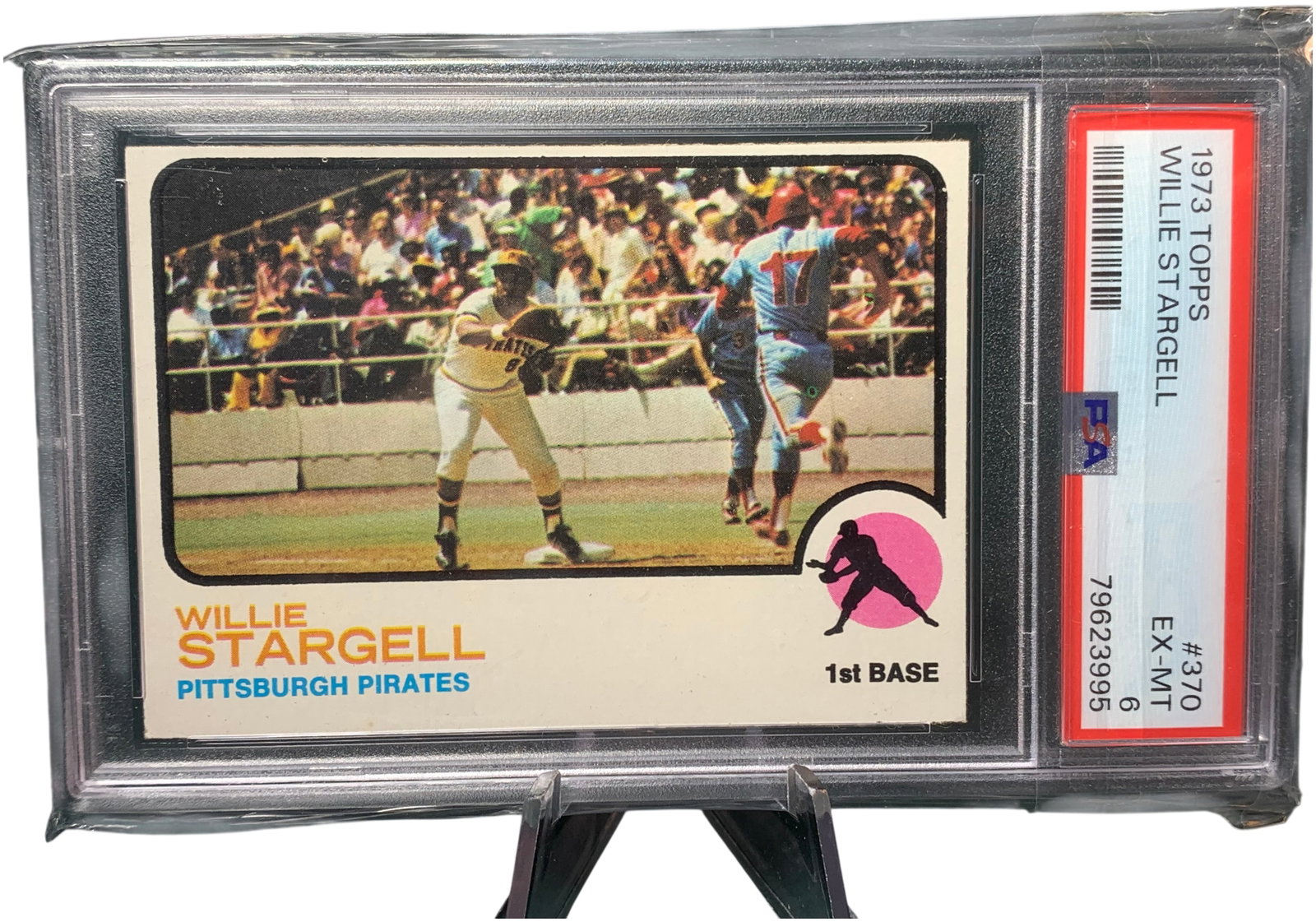 1973 Topps Willie Stargell #370 Pittsburgh Pirates PSA 6 EX-MT: This 1973 Topps baseball card features Hall of Famer Willie Stargell of the Pittsburgh Pirates. Identified as card number 370, the front of the card displays an action photograph of Stargell at first 