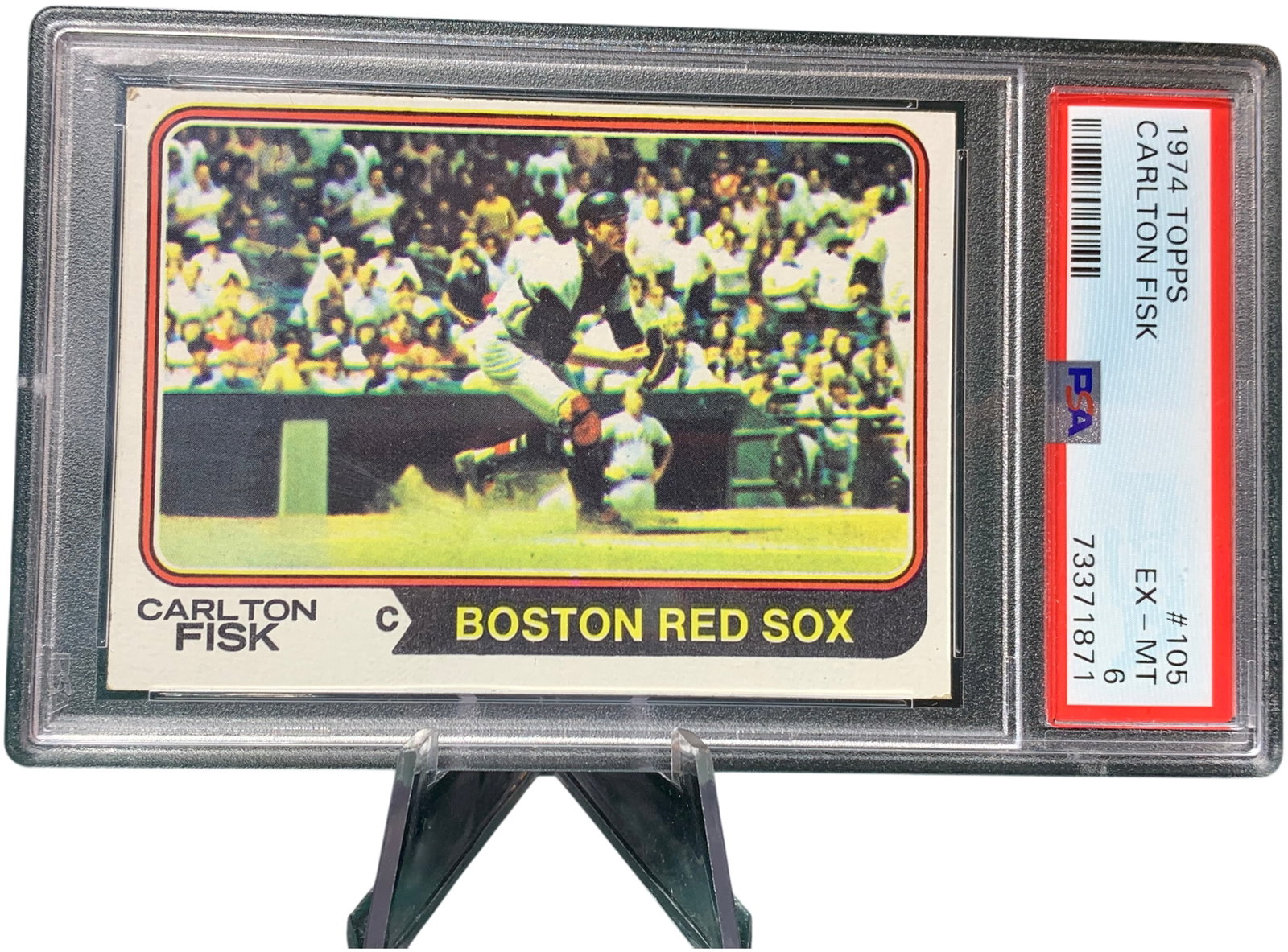 1974 Topps Baseball #105 Carlton Fisk PSA 6 EX-MT: This is a 1974 Topps baseball card featuring Hall of Fame catcher Carlton Fisk, designated as card number 105. The card depicts Fisk with the Boston Red Sox. The front design uses a horizontal layout 