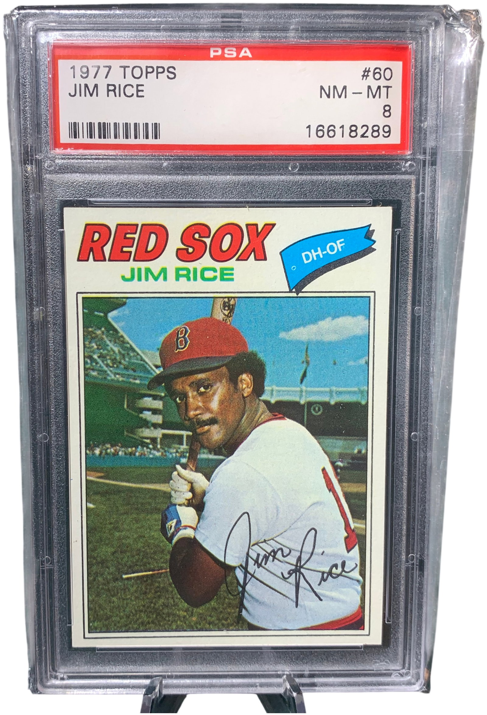 1977 Topps Jim Rice #60 Baseball Card PSA 8 NM-MT: This lot features a 1977 Topps baseball card of Hall of Famer Jim Rice, card number 60. The player is identified as a member of the Boston Red Sox, holding the positions of Designated Hitter and Outfi