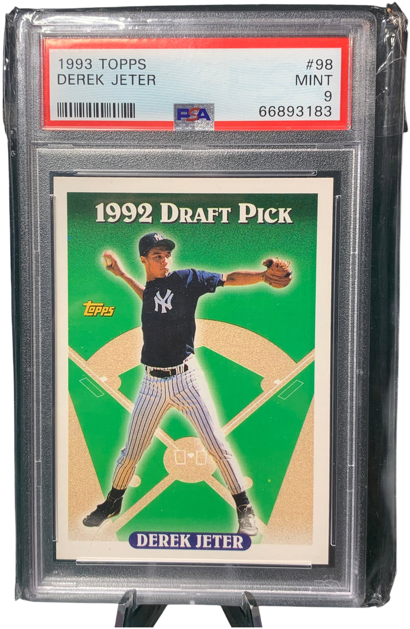 1993 Topps Derek Jeter Rookie Card #98 PSA 9 Mint: This is a professionally graded 1993 Topps baseball card featuring Derek Jeter, identified as card number 98. This card is Jeter's base rookie card from the Topps flagship set and includes the 1992 Dr