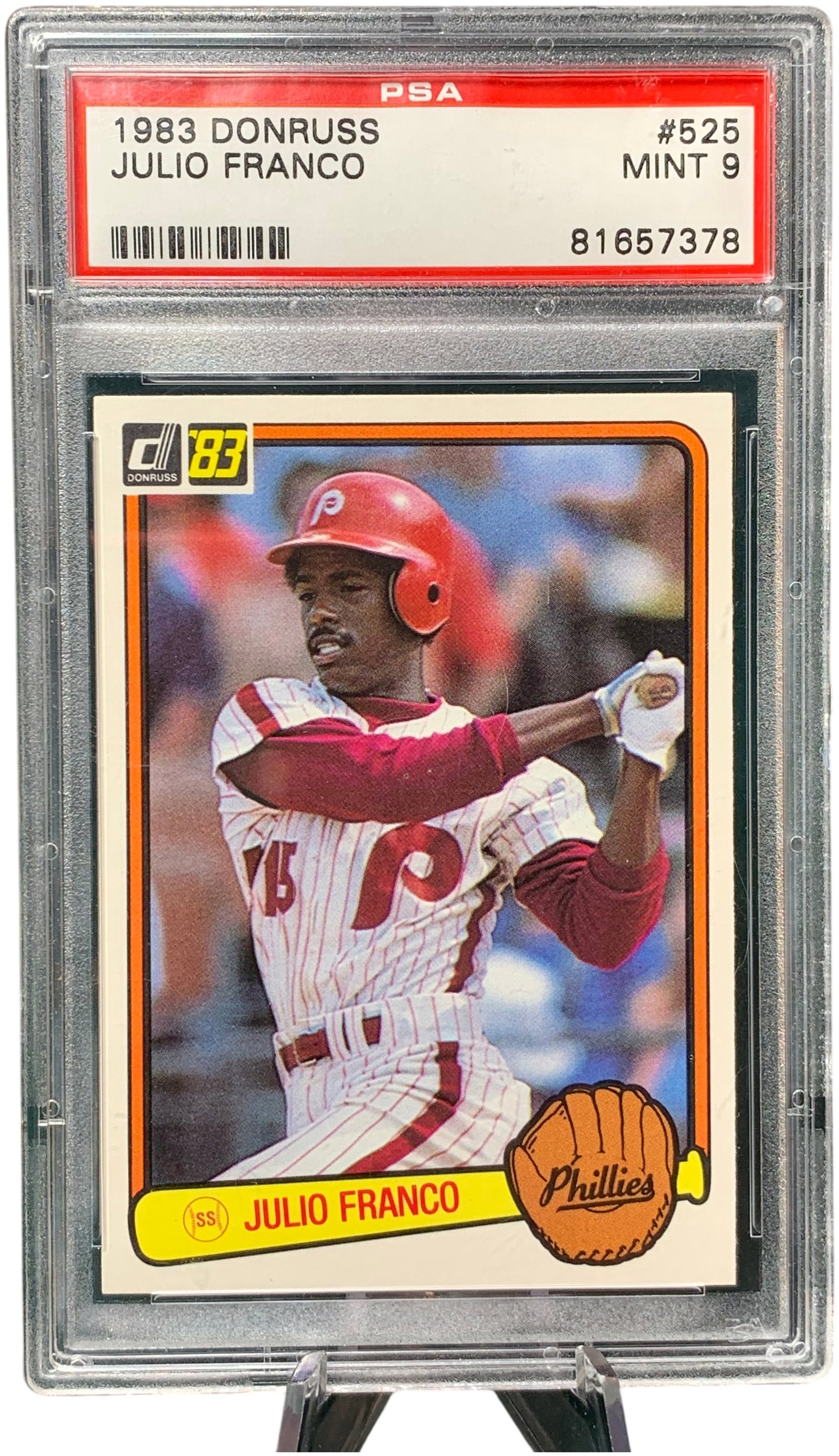 1983 Donruss Julio Franco Rookie Card #525 PSA Mint 9: This is a professionally graded and encapsulated 1983 Donruss baseball card featuring Julio Franco, representing his rookie card year. The card is identified as number 525 in the 1983 Donruss set. The