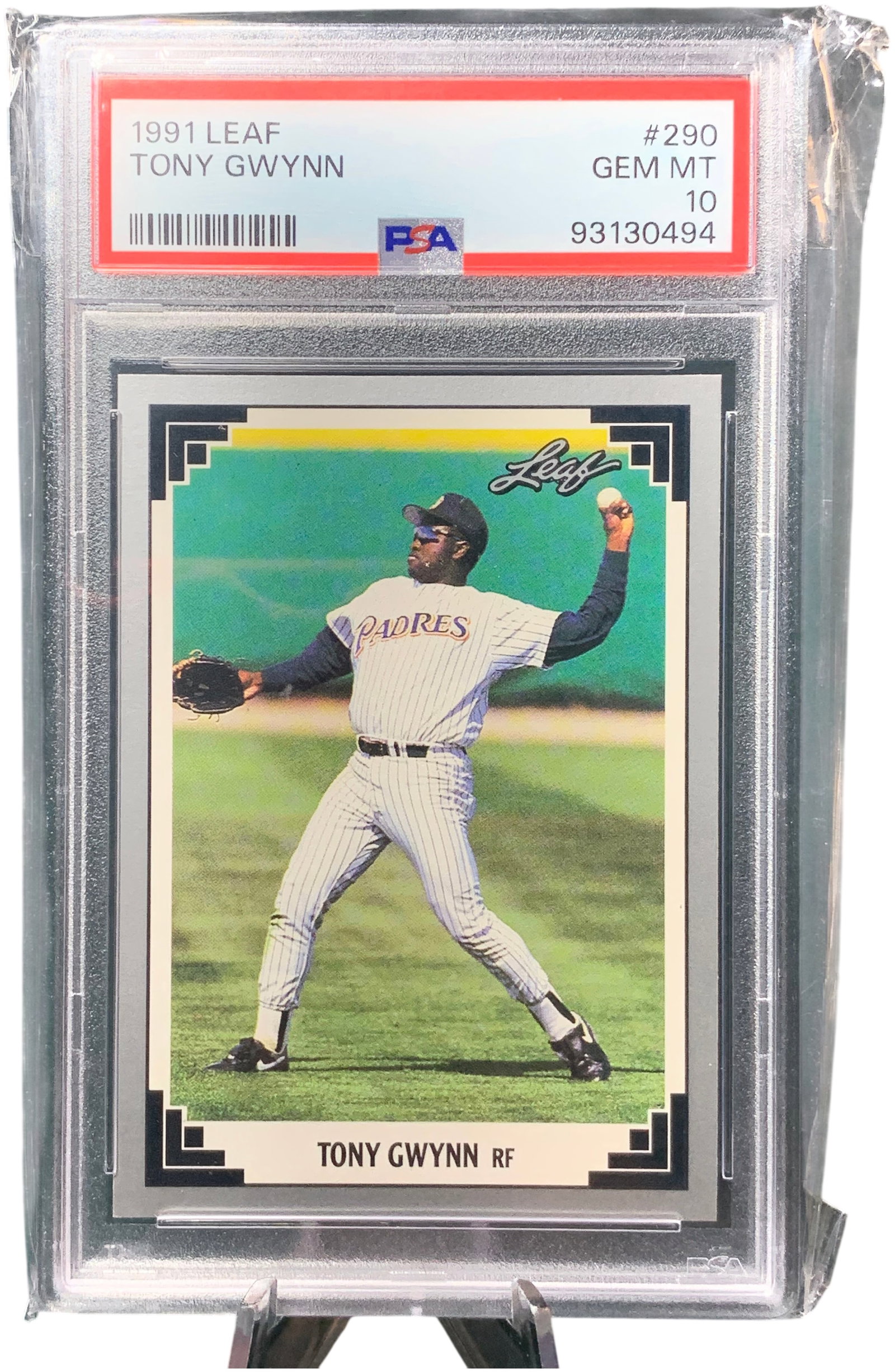 1991 Leaf #290 Tony Gwynn Series 2 PSA 10 Gem Mint Baseball Card: This lot features a 1991 Leaf Series 2 baseball card depicting San Diego Padres Hall of Famer Tony Gwynn. The card is identified as number 290 in the set. It has been professionally authenticated and 