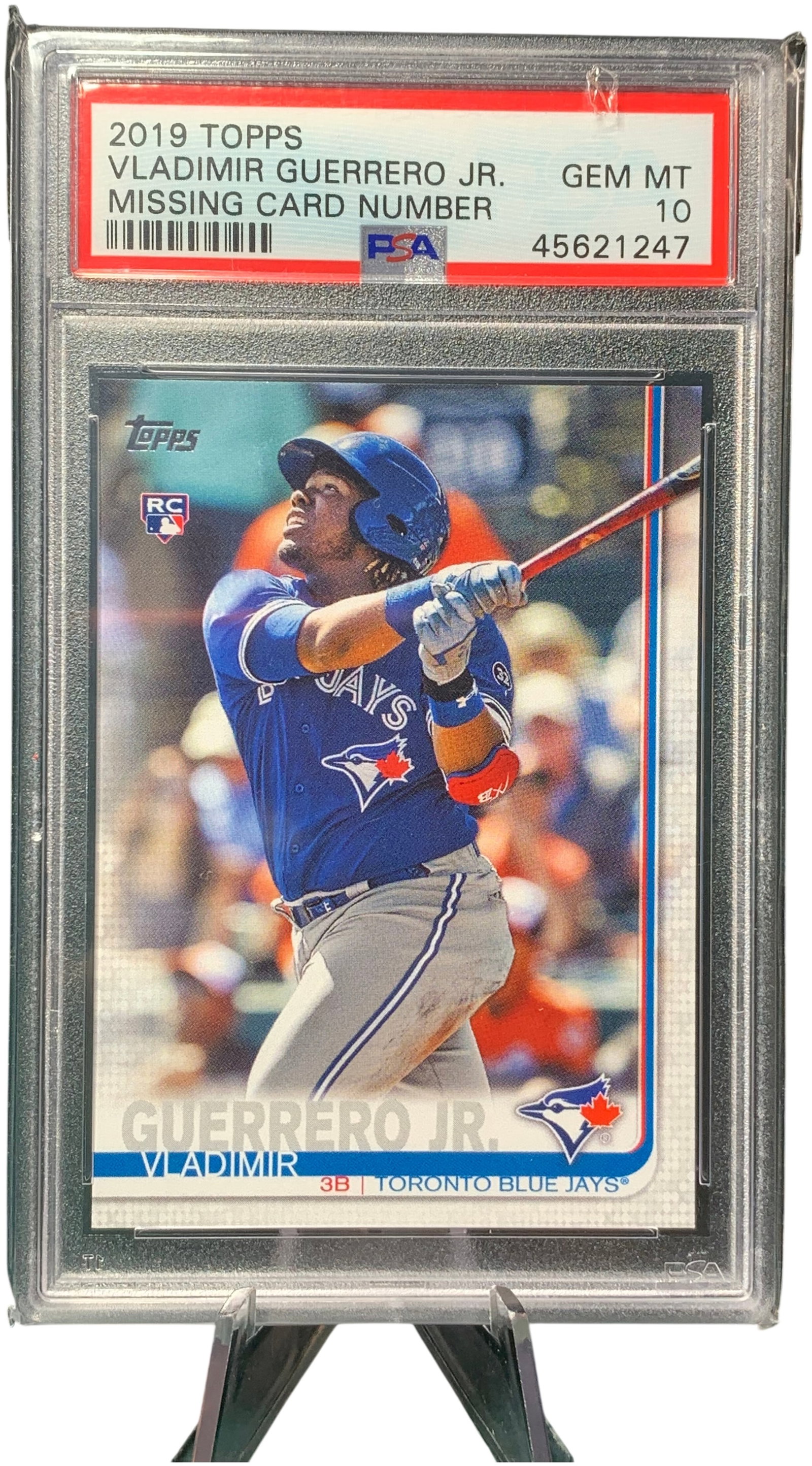2019 Topps Series 2 Vladimir Guerrero Jr. Missing Card Number Rookie Card PSA 10 Gem Mint: This is a professionally graded baseball trading card featuring Vladimir Guerrero Jr. of the Toronto Blue Jays. Released as part of the 2019 Topps Series 2 set, this specific card is the Missing Card 