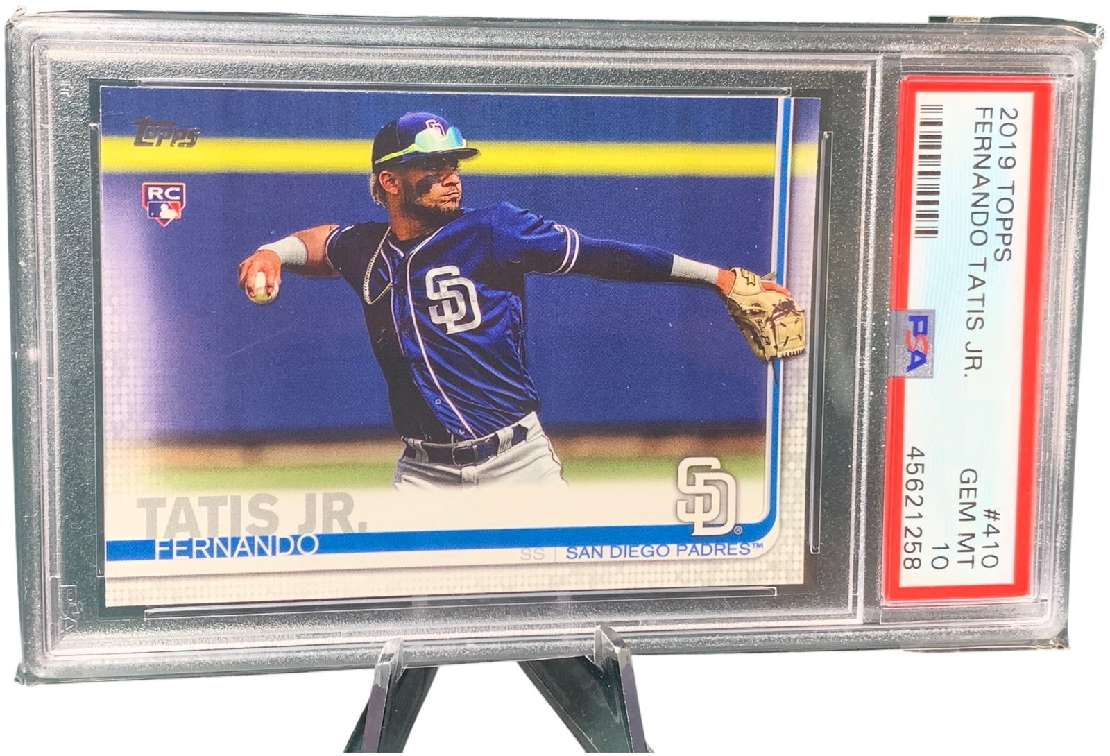 2019 Topps Fernando Tatis Jr. Rookie Card #410 PSA 10 Gem Mint: This is a professionally graded sports trading card featuring Fernando Tatis Jr. of the San Diego Padres. Produced by Topps for the 2019 Series 2 baseball set, the card is identified by number 410 and