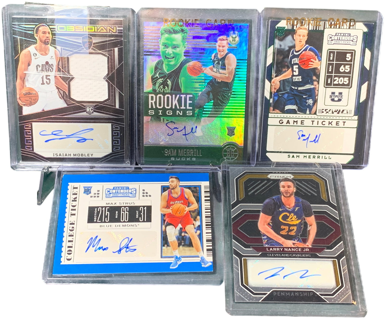 A Group of Panini NBA Basketball Autographed Trading Cards Including Isaiah Mobley and Max Strus: This lot consists of modern NBA basketball trading cards from various Panini America brands, each featuring a certified player autograph and/or relic swatch. All cards are housed in protective plastic