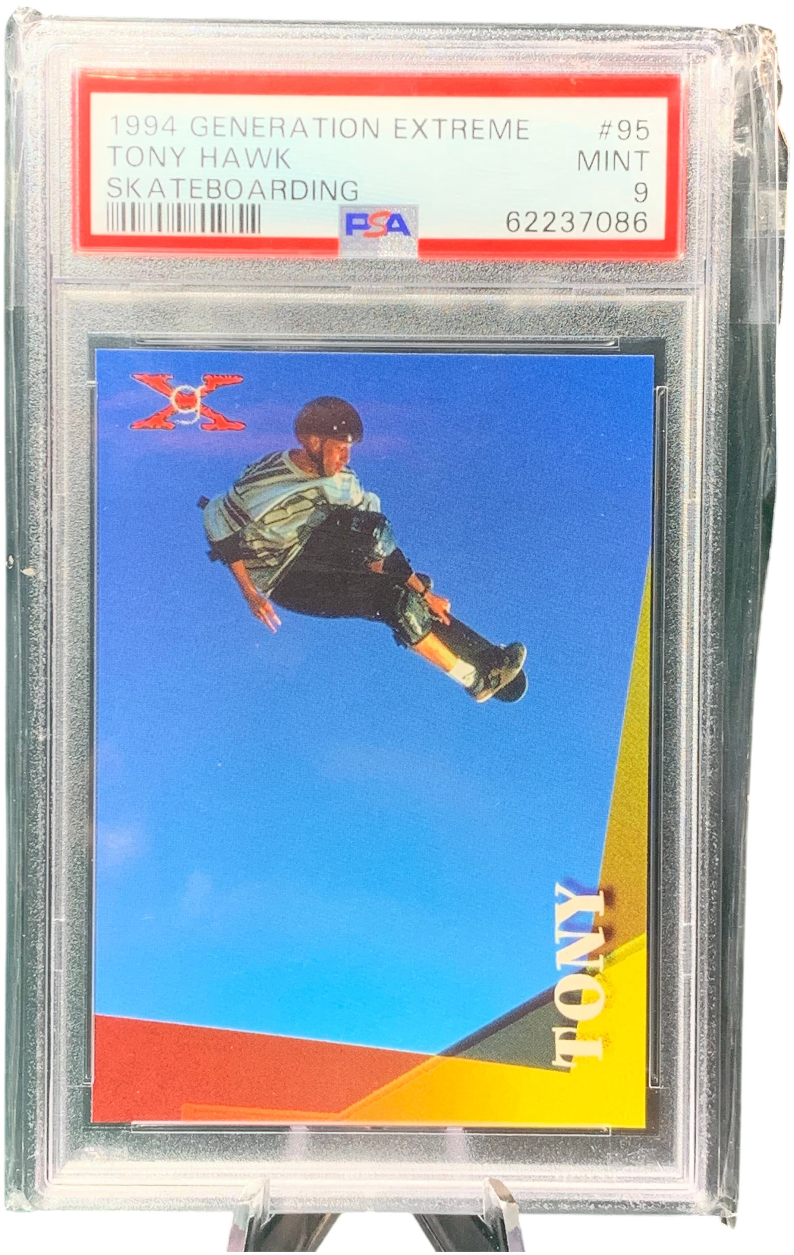 1994 Generation Extreme Tony Hawk #95 PSA 9 MINT Certification 62237086: This is a 1994 Generation Extreme skateboarding trading card featuring professional skateboarder Tony Hawk, designated as card number 95 in the set. The card is professionally graded and encapsulated 