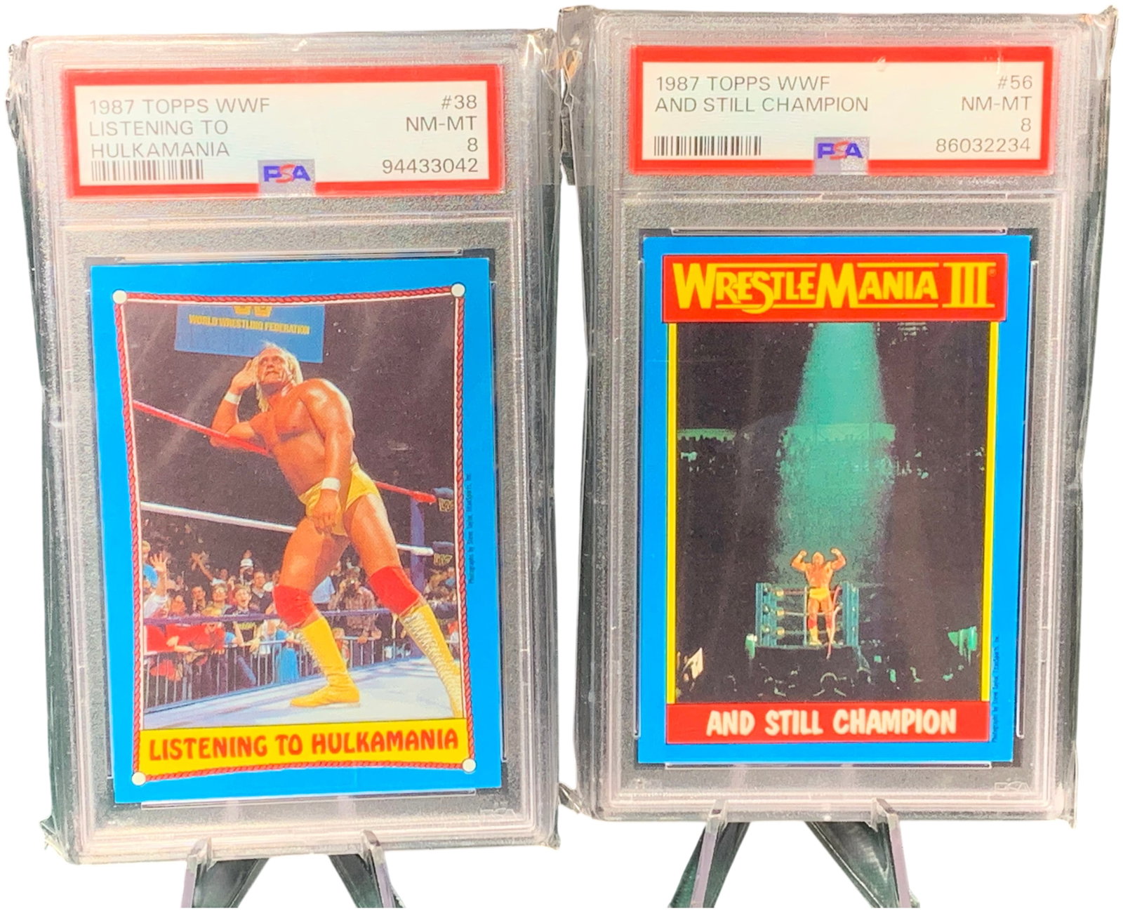 A Pair of 1987 Topps WWF Hulk Hogan Trading Cards PSA 8 NM-MT Cert 94433042 and 86032234 (1 of 5)