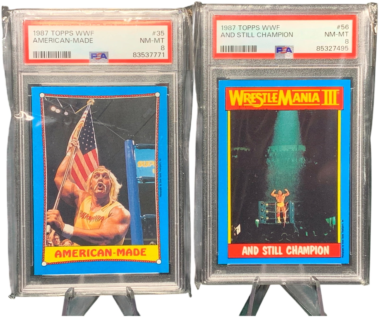 A Pair of 1987 Topps WWF Hulk Hogan Wrestling Cards PSA 8 NM-MT: This lot features a pair of vintage professional wrestling trading cards from the 1987 Topps WWF set, both featuring superstar Hulk Hogan and professionally graded by PSA (Professional Sports Authenti