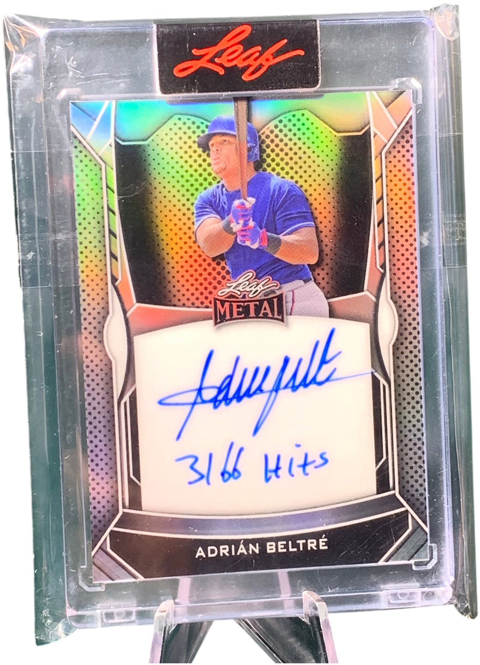 2023 Leaf Metal Adrian Beltre Signed Inscribed 3166 Hits Card Numbered 2/10: This is a 2023 Leaf Metal trading card featuring former Major League Baseball player Adrian Beltre. The card features an authentic on-card autograph signed in blue ink by Beltre, along with a handwrit