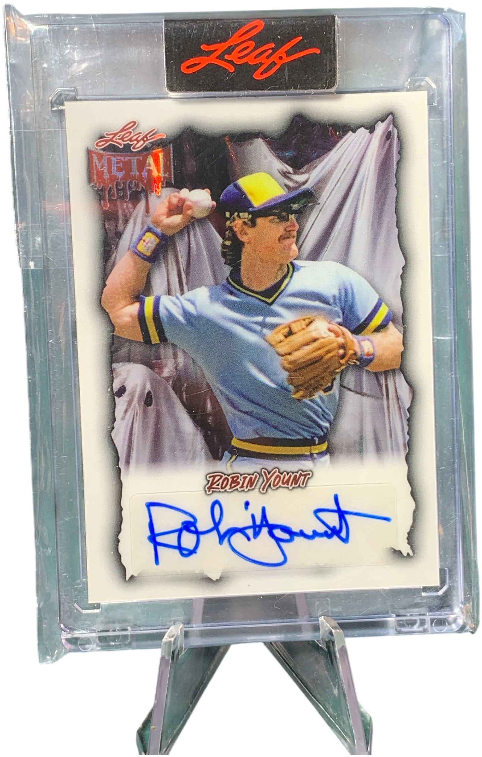 2023 Leaf Metal Robin Yount Red Autograph Baseball Card BA-RY1 Serial Numbered 5/5: This 2023 Leaf Metal baseball card features Hall of Famer Robin Yount. The card is a Red Autograph Parallel, designated as card number BA-RY1. It is a limited edition piece, serial numbered 5/5 on the