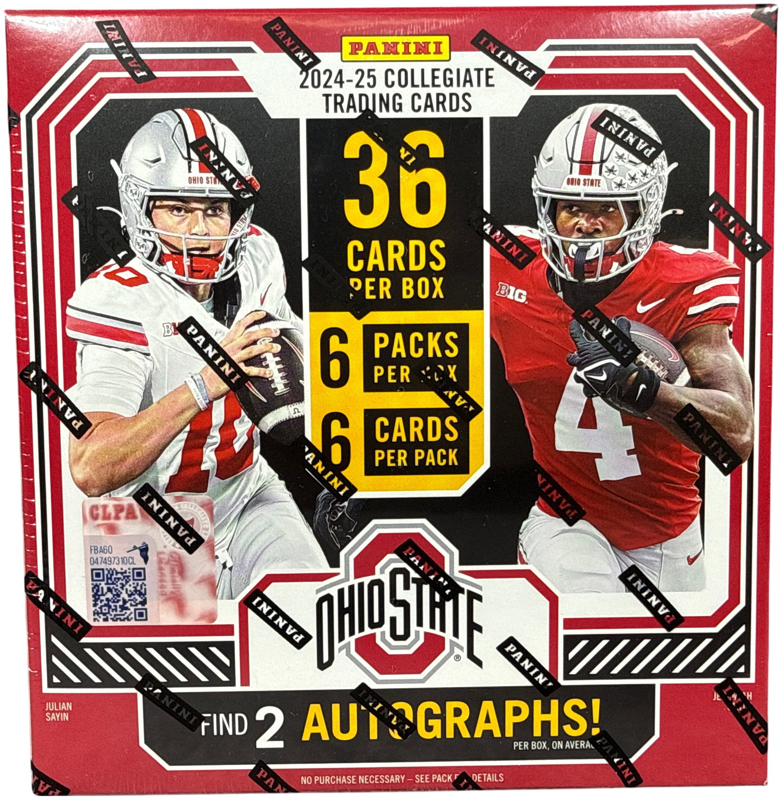 2024-25 Panini Ohio State Collegiate Hobby Box Factory Sealed Autographs: This is a factory-sealed hobby box of 2024-25 Panini Ohio State collegiate trading cards. The product is an officially licensed collegiate item produced by Panini America, Inc., featuring current Ohio