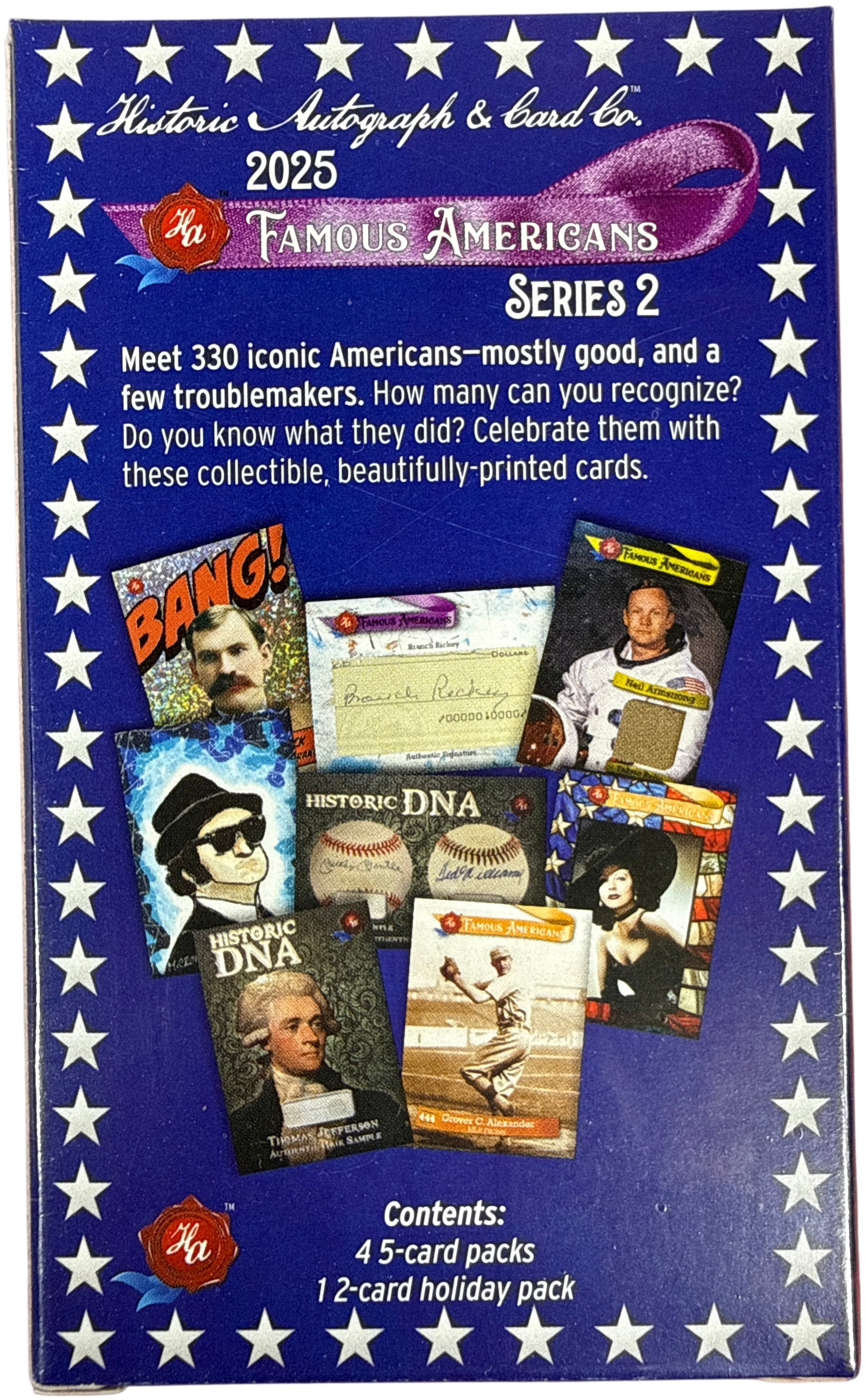 2025 Historic Autographs Famous Americans Series 2 Hobby Box: This is a factory-sealed hobby box of 2025 Famous Americans Series 2 trading cards, produced by the Historic Autograph and Card Company of Pottstown, Pennsylvania. The box contains a group of packs wi