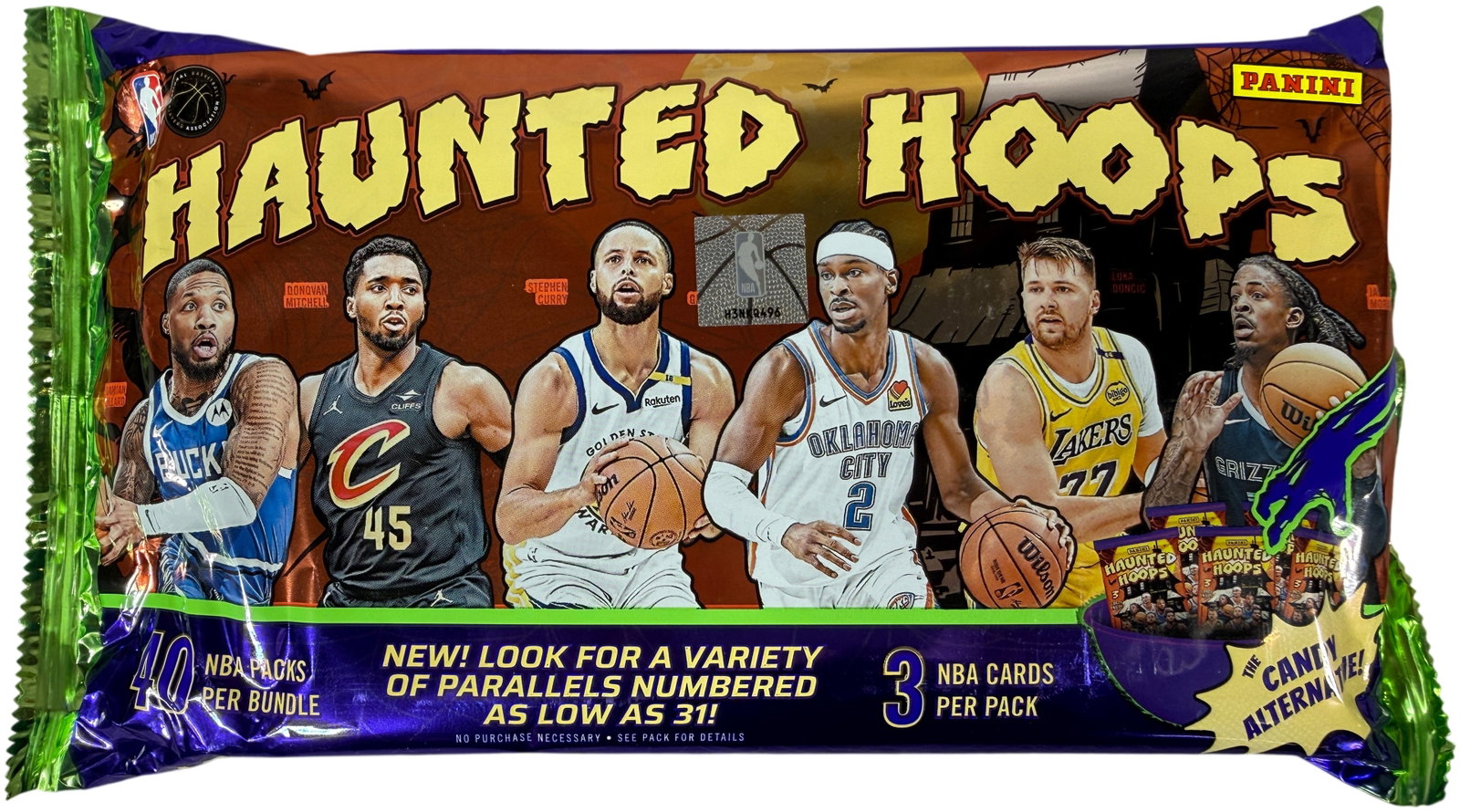 2024-25 Panini Haunted Hoops Basketball Sealed 40-Pack Bundle: A factory-sealed bundle of 2024-25 Panini Haunted Hoops Basketball trading cards. Produced by Panini America, Inc. under license from the NBA and NBPA, this product is marketed as The Candy Alternativ