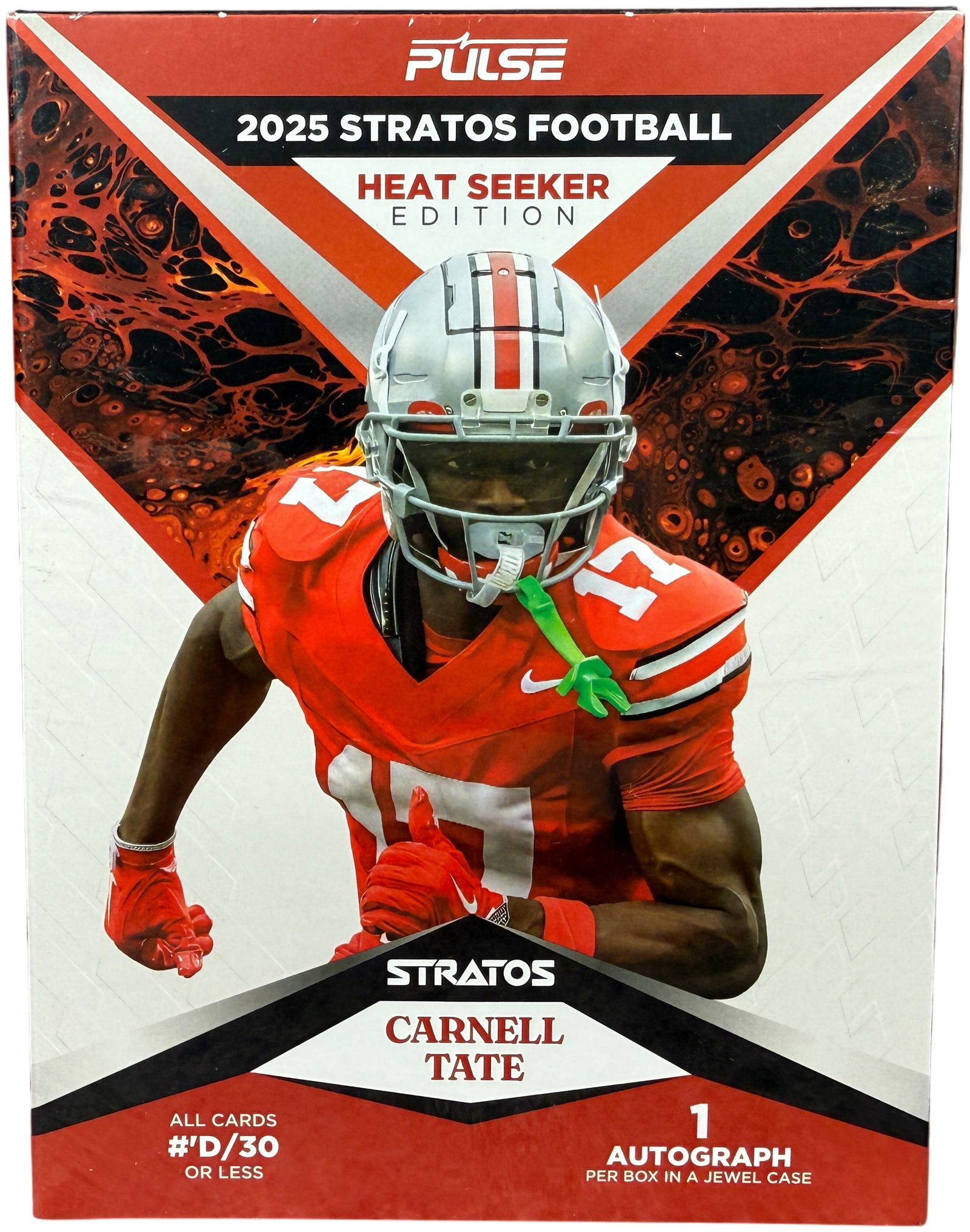 2025 Pulse Stratos Football Heat Seeker Edition Factory Sealed Hobby Box: This is a factory-sealed hobby box of 2025 Pulse Stratos Football, specifically the Heat Seeker Edition. The front of the box features Ohio State wide receiver Carnell Tate. As stated on the packaging