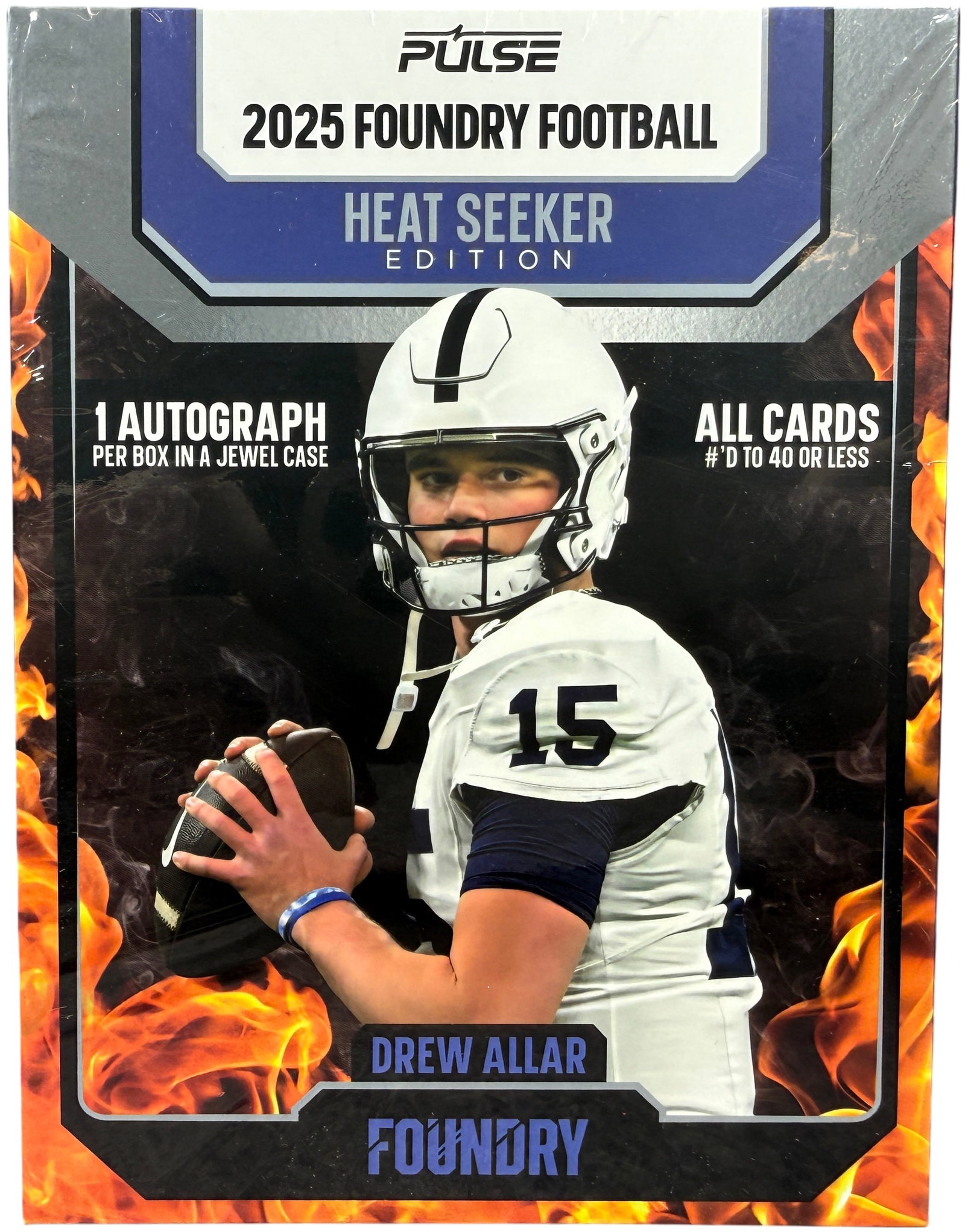 2025 Pulse Foundry Football Heat Seeker Edition Factory Sealed Box: This is a factory-sealed trading card box from Pulse Trading Cards for the 2025 Foundry Football: Heat Seeker Edition. The set features a mix of draft prospects, current stars, and retired legends. Ac
