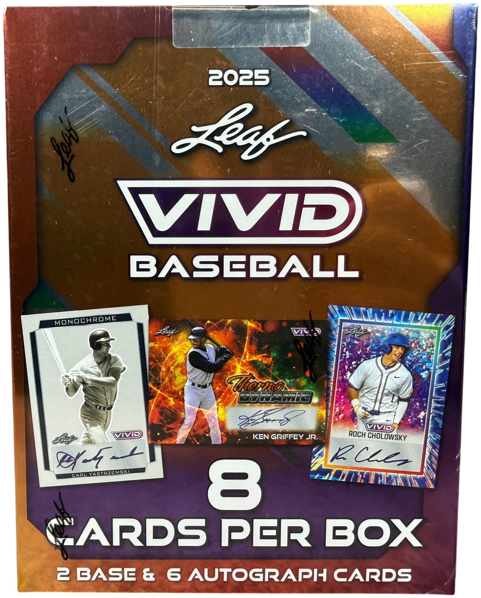 2025 Leaf Vivid Baseball Sealed Hobby Box: A factory-sealed hobby box of 2025 Leaf Vivid Baseball trading cards. The box contains 8 cards in total, with a guaranteed distribution of base cards and a group of autograph cards. The exterior packa