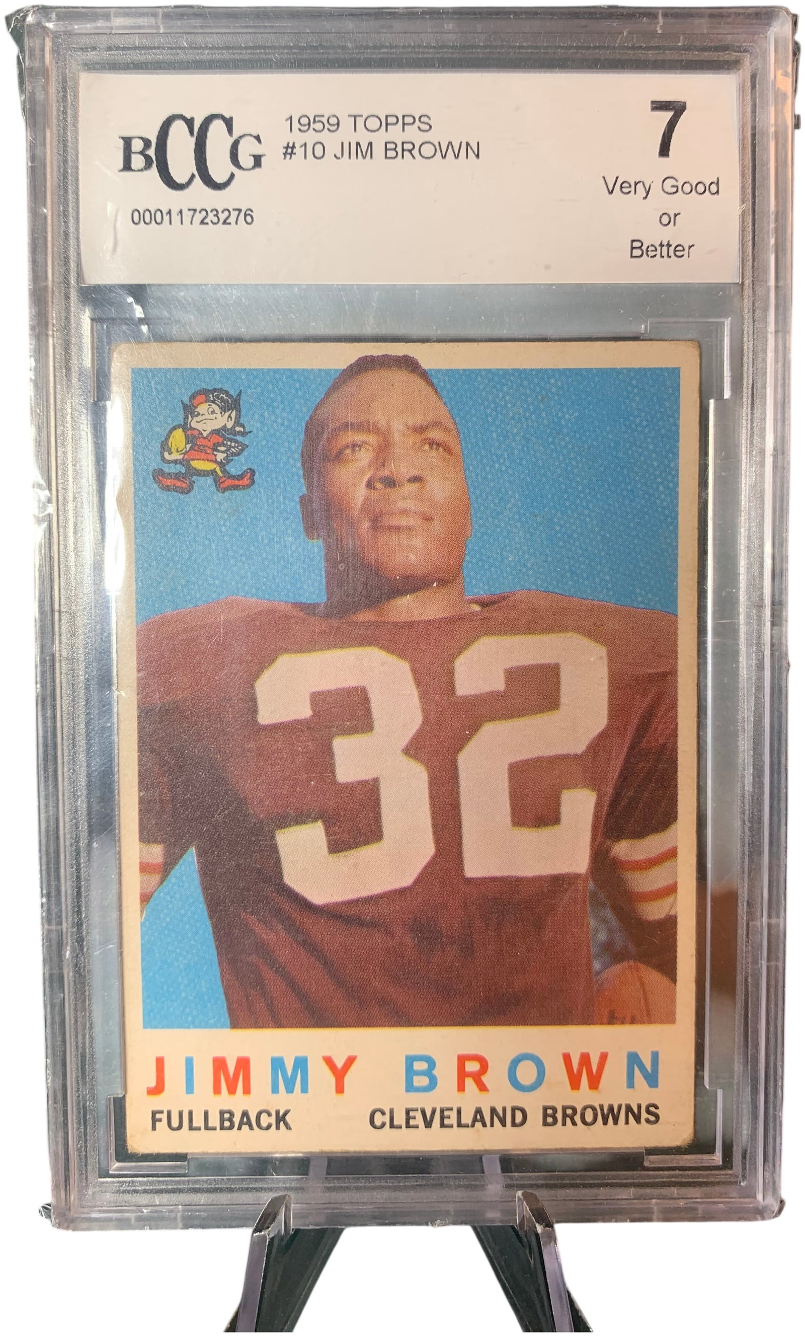 1959 Topps #10 Jimmy Brown Cleveland Browns BCCG 7 Very Good or Better: This is a vintage 1959 Topps football trading card featuring Hall of Famer Jim Brown, identified on the card as Jimmy Brown. The card is number 10 in the 1959 Topps set and represents Brown's second-y