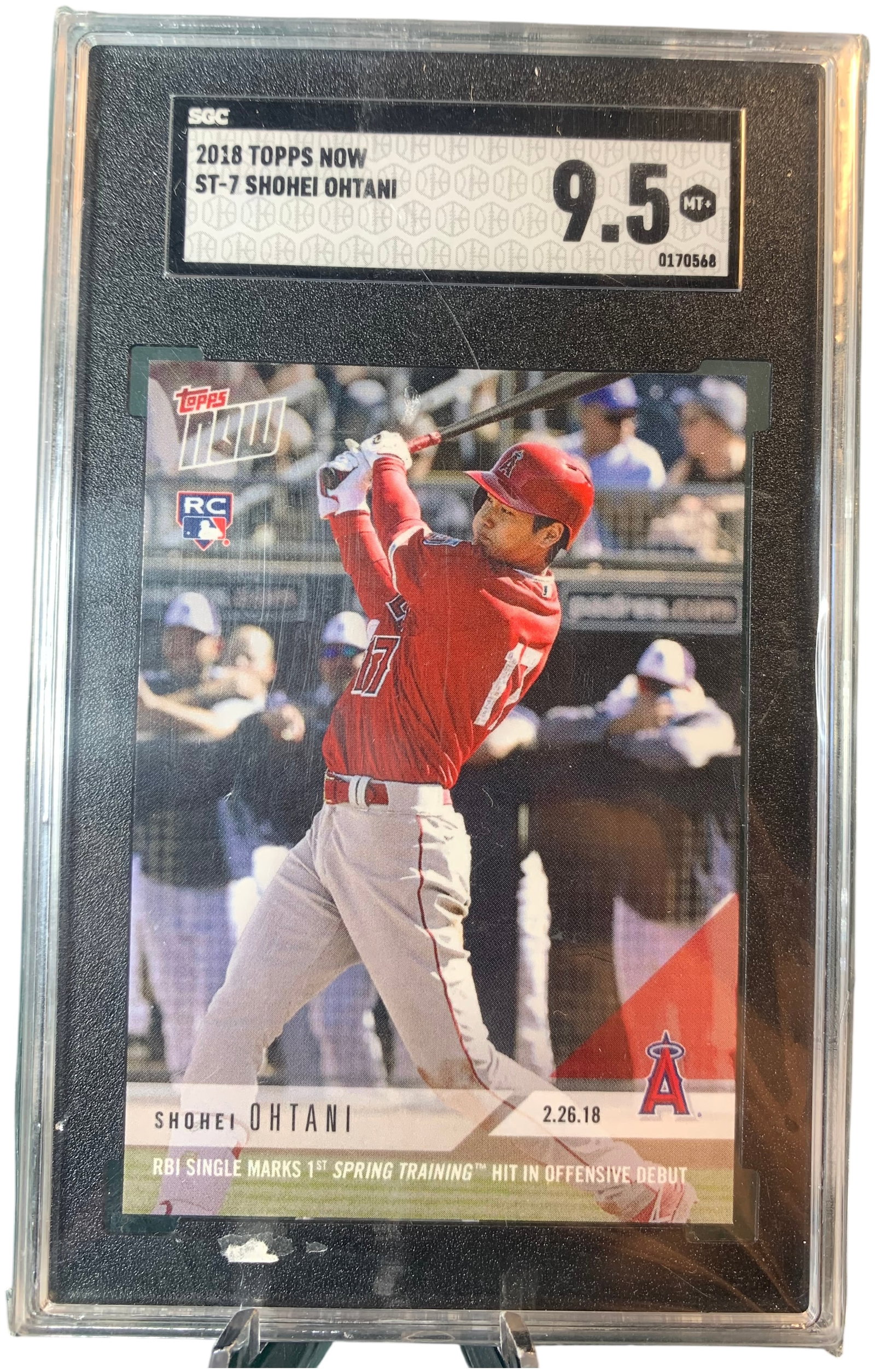 2018 Topps Now Spring Training Shohei Ohtani Rookie Card ST-7 SGC 9.5 MT+: This is a 2018 Topps Now baseball trading card featuring Shohei Ohtani, card number ST-7. The card is a designated Rookie Card, indicated by the RC logo on the front. It commemorates Ohtani's offensiv
