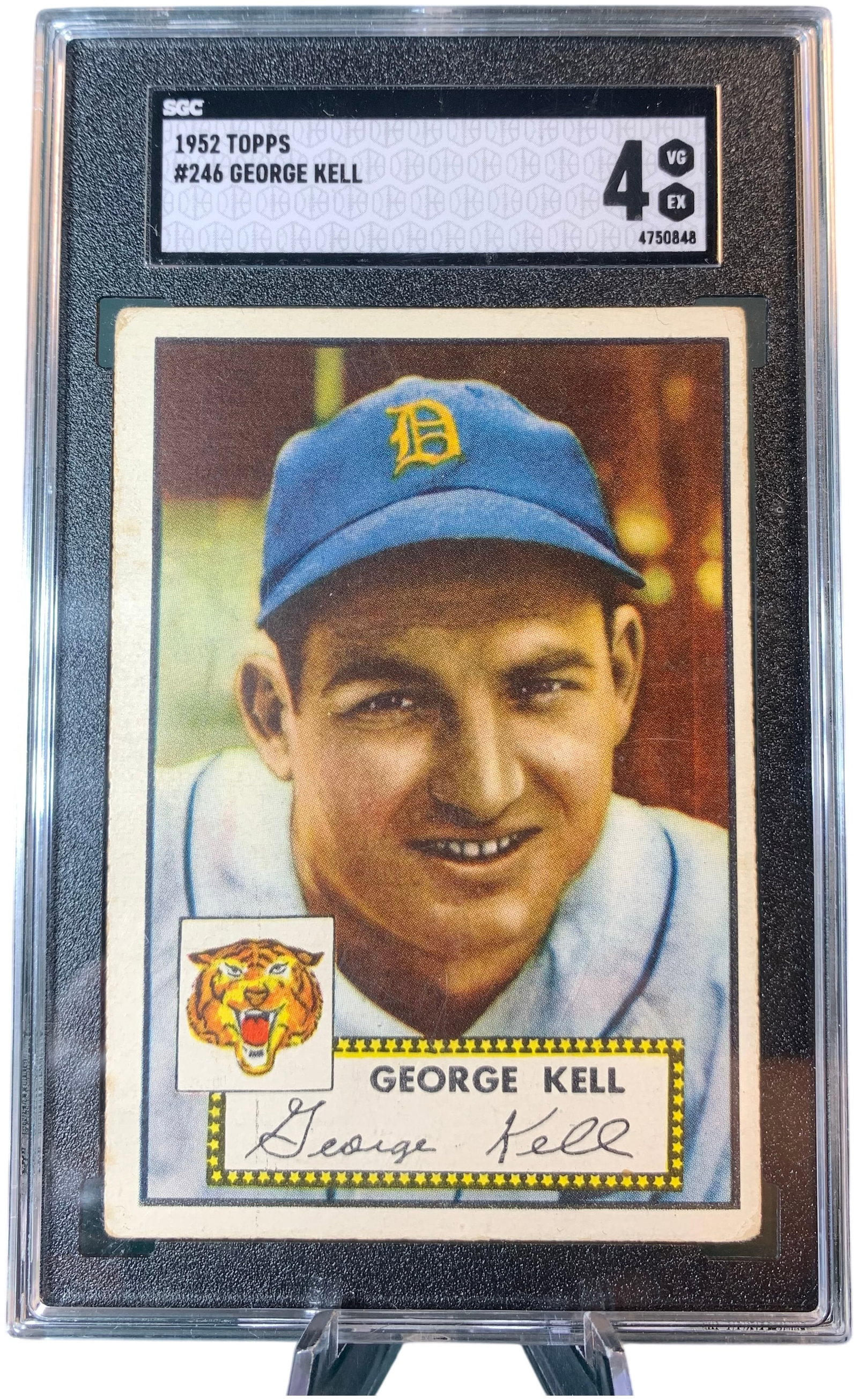 1952 Topps George Kell Baseball Card Number 246 Detroit Tigers SGC 4 VG-EX: This is a 1952 Topps baseball card featuring Hall of Fame third baseman George Kell, card number 246. The card depicts Kell in a color-tinted portrait wearing a Detroit Tigers cap, with the Tigers tea