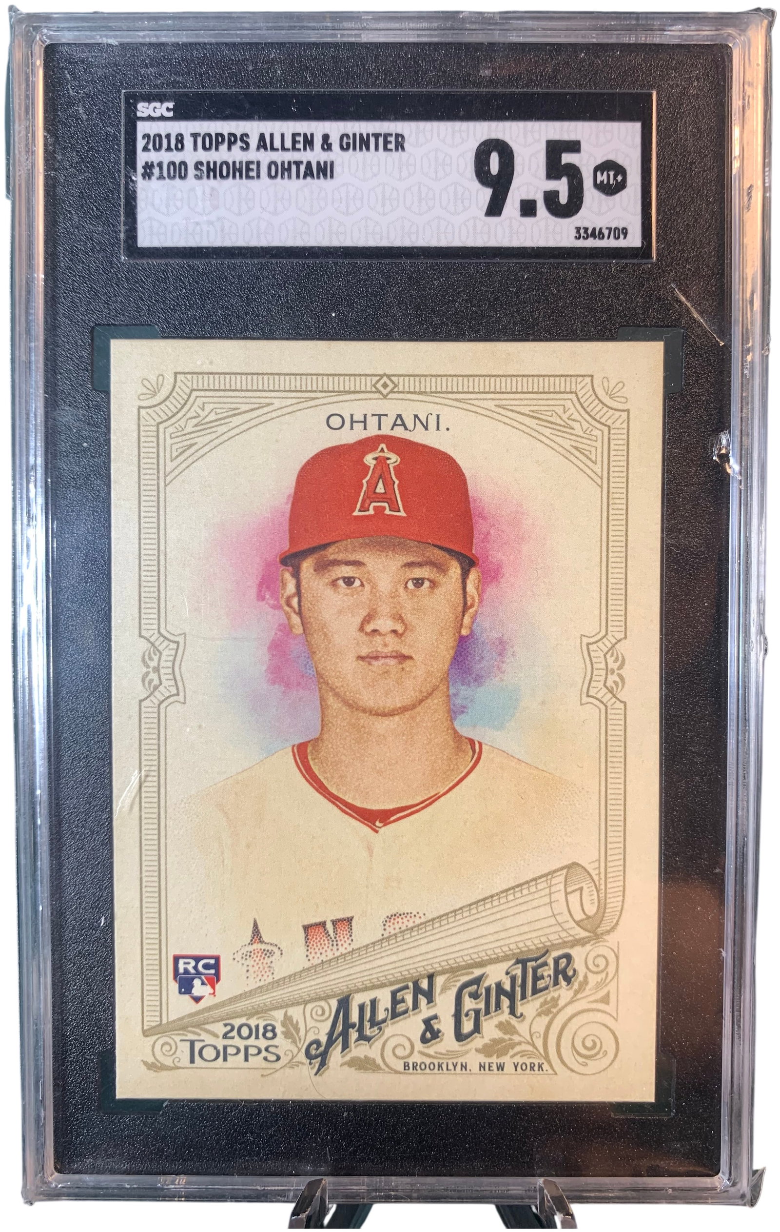 2018 Topps Allen and Ginter #100 Shohei Ohtani Rookie Card SGC 9.5 Mint Plus: This is a 2018 Topps Allen and Ginter baseball card featuring Shohei Ohtani of the Los Angeles Angels. The card is identified as number 100 in the set and features the official MLB RC rookie card desi