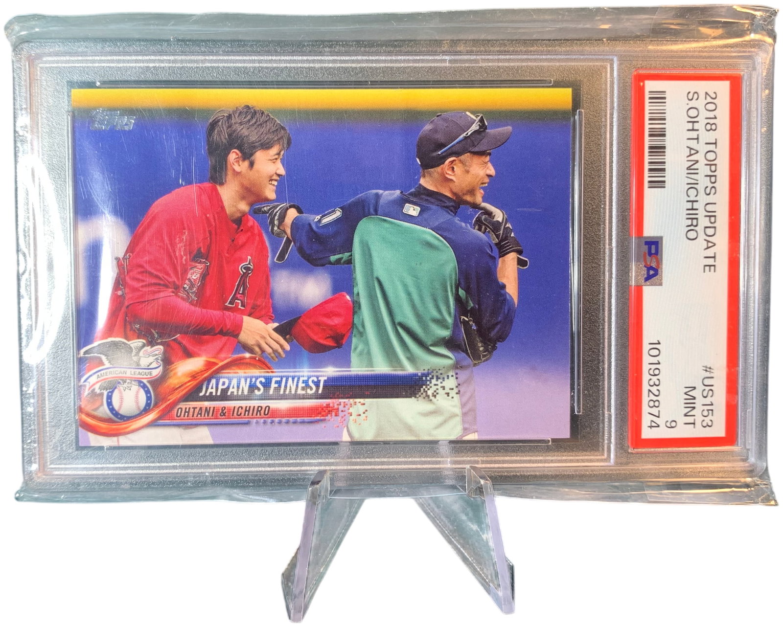 2018 Topps Update Series Japan's Finest Shohei Ohtani and Ichiro Suzuki Rookie Card #US153: This lot features a professionally graded baseball card from the 2018 Topps Update Series. The card is titled Japan's Finest and is designated as card number #US153. It commemorates the connection bet