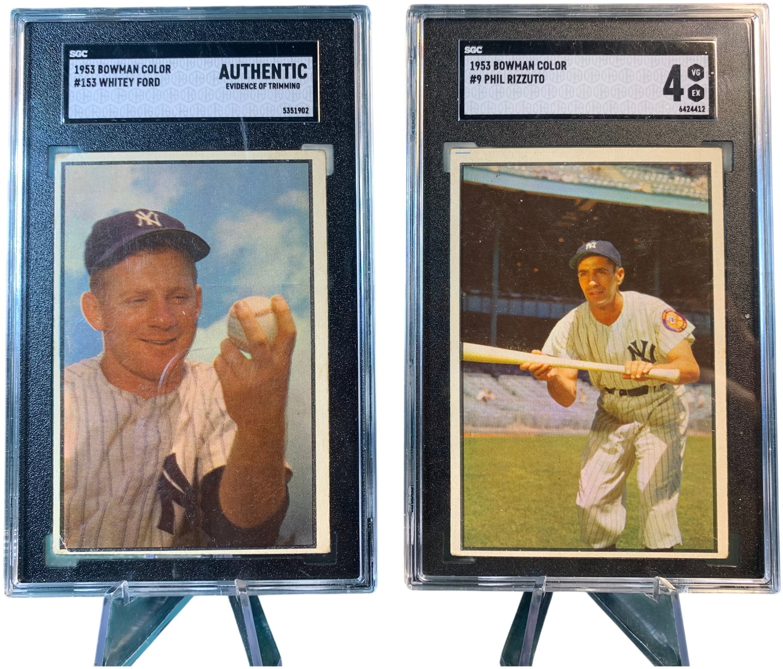 A Pair of 1953 Bowman Color Baseball Cards, New York Yankees Hall of Famers Whitey Ford and Phil: This lot contains original 1953 Bowman Color baseball cards featuring members of the New York Yankees. The first card is number 153, Whitey Ford, who is a member of the Baseball Hall of Fame. It is pr