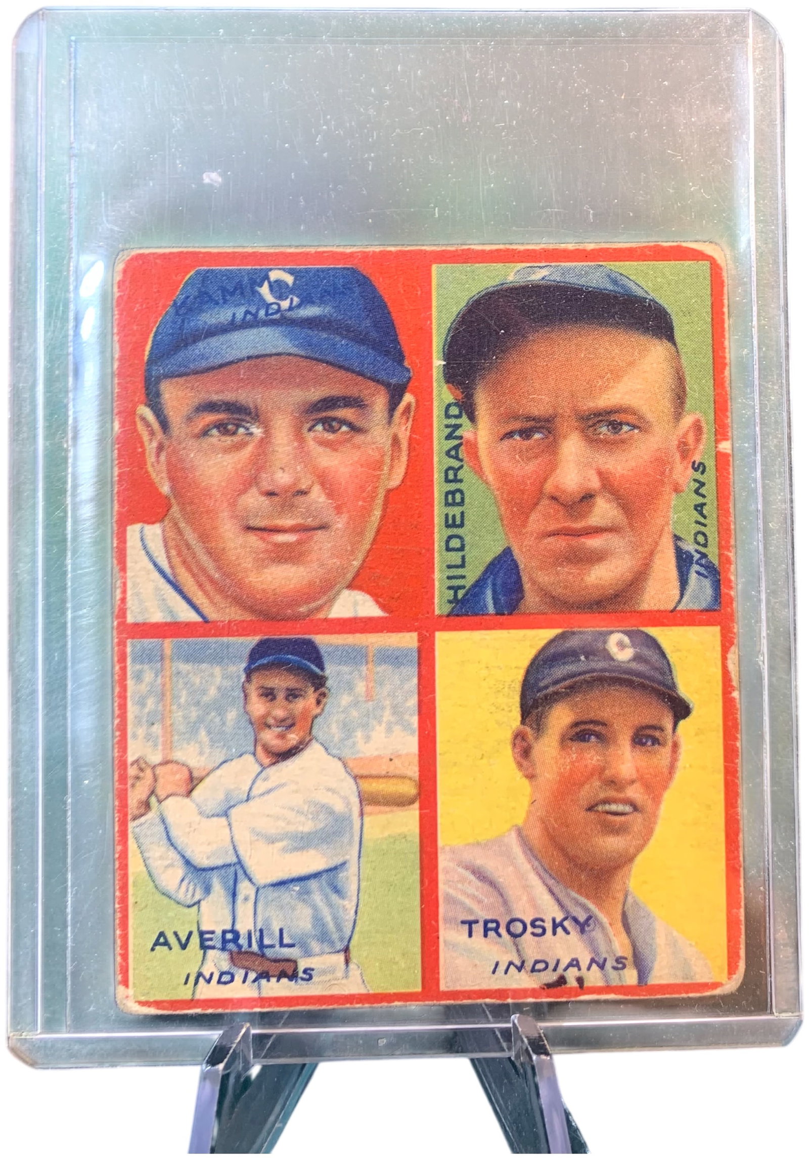 1935 Goudey 4-in-1 R321 Baseball Card L Cleveland Indians featuring Earl Averill: This is a 1935 Goudey 4-in-1 baseball card, designated as R321 in the American Card Catalog. The front features color-tinted photographic portraits of members of the Cleveland Indians: Hall of Famer E