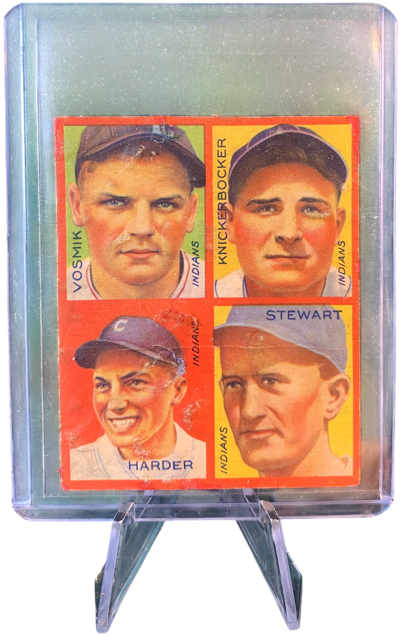 1935 Goudey 4-in-1 Baseball Card Cleveland Indians Picture 9 Card 1: This is a 1935 Goudey "4-in-1" baseball card, designated as R321 in the American Card Catalog. The front of the card features four color-tinted individual portraits of members of the Cleveland Indians