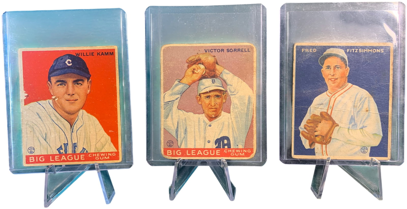 A Trio of 1933 Goudey Big League Chewing Gum Baseball Cards Nos. 15, 75, and 235: A trio of original 1933 Goudey Big League Chewing Gum baseball cards, classified as the R319 series. This lot includes Card No. 75 Willie Kamm (Cleveland Indians), Card No. 15 Victor Sorrell (Detroit 