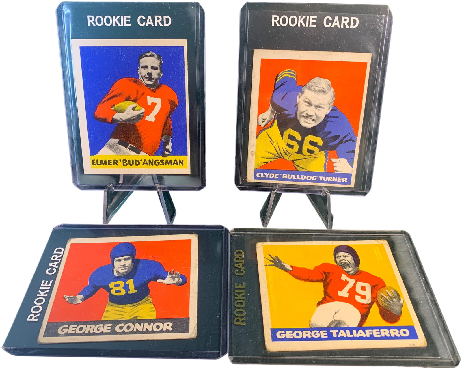 A Collection of 1948 Leaf Football Rookie Trading Cards Including Clyde Turner and George Connor: A collection of vintage football trading cards from the 1948 Leaf set issued by the Leaf Gum Co. of Chicago, Illinois. This group consists of rookie cards for notable professional and collegiate playe