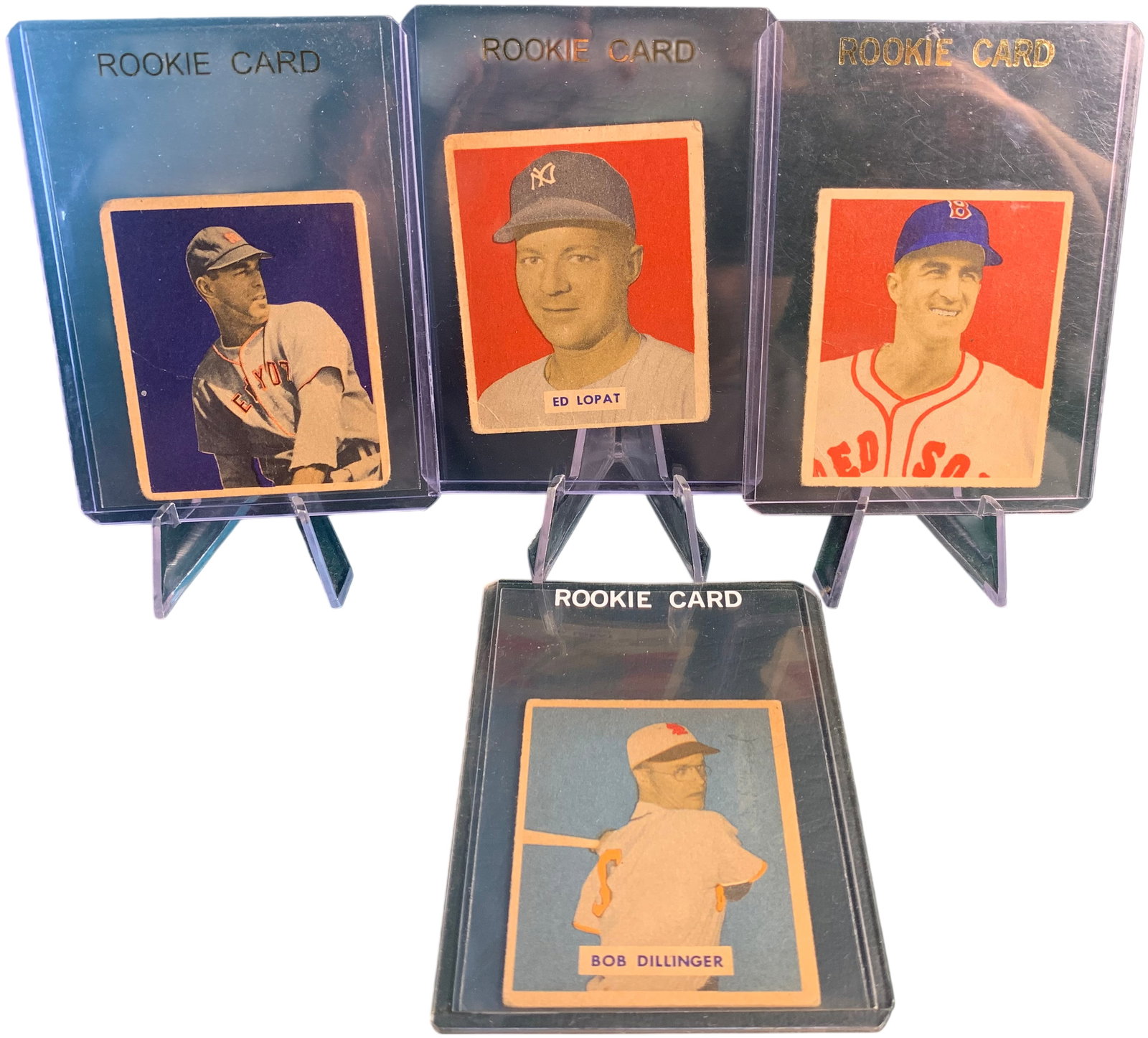 A Lot of Four 1949 Bowman Baseball Cards Including Vic Raschi and Ed Lopat Rookie Cards: A lot of original vintage baseball cards from the 1949 Bowman Gum, Inc. series. The collection consists of small-format colorized portrait cards, which was the standard for Bowman production during th