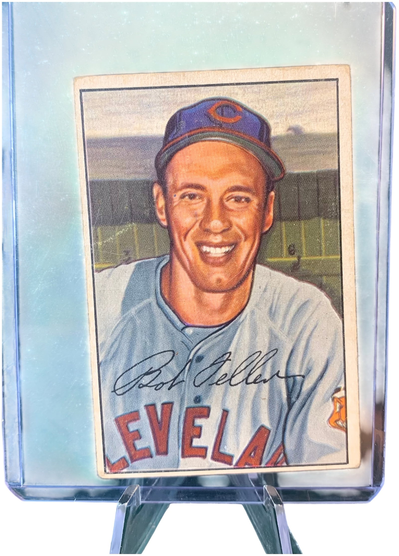 1952 Bowman Baseball Card #43 Bob Feller Cleveland Indians: This is a vintage 1952 Bowman baseball card featuring Hall of Fame pitcher Bob Feller of the Cleveland Indians. The card is identified as number 43 in the 1952 series. The front side displays a colori