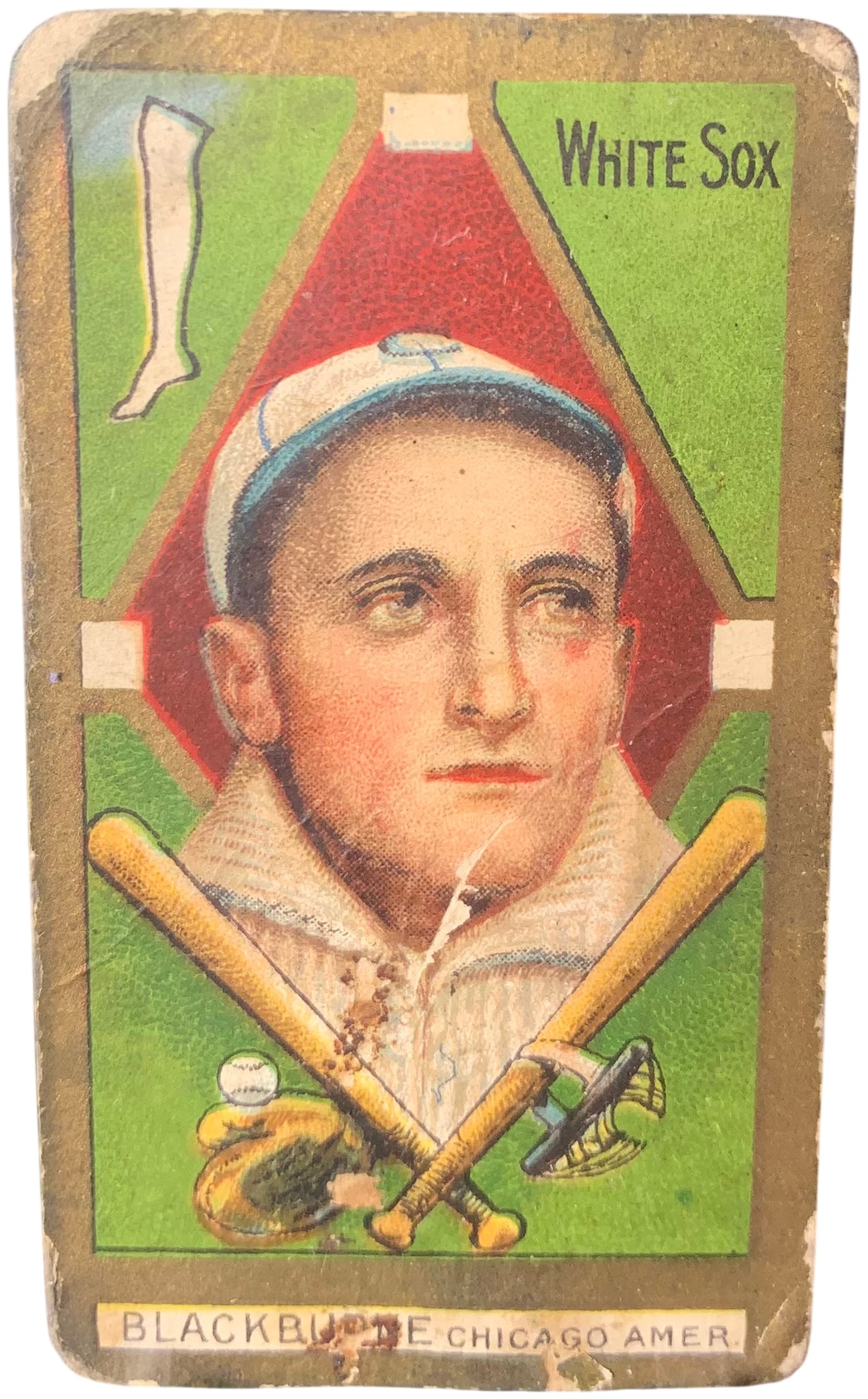 1911 T205 Gold Border Russell Blackburne Chicago White Sox Polar Bear Back Baseball Card: A vintage baseball card featuring Russell "Lena" Blackburne of the Chicago White Sox, part of the T205 Gold Border series issued circa 1911. The card front features a lithographic portrait of Blackbur