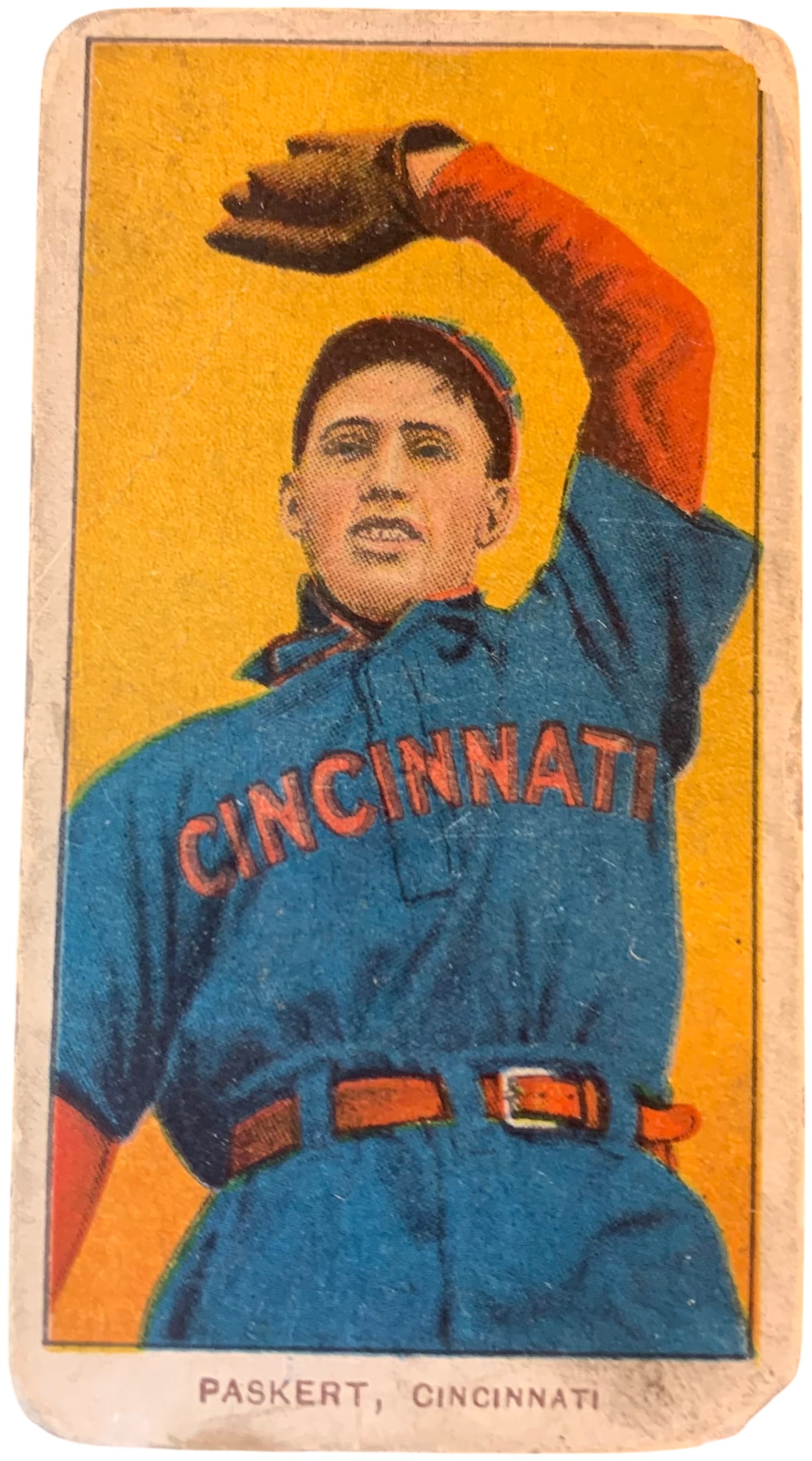 1909-11 T206 White Border George Dode Paskert Sweet Caporal 350 Back: This is a vintage 1909-1911 T206 White Border tobacco card featuring George "Dode" Paskert of the Cincinnati Reds. The T206 set is widely considered the most significant and popular tobacco card issue
