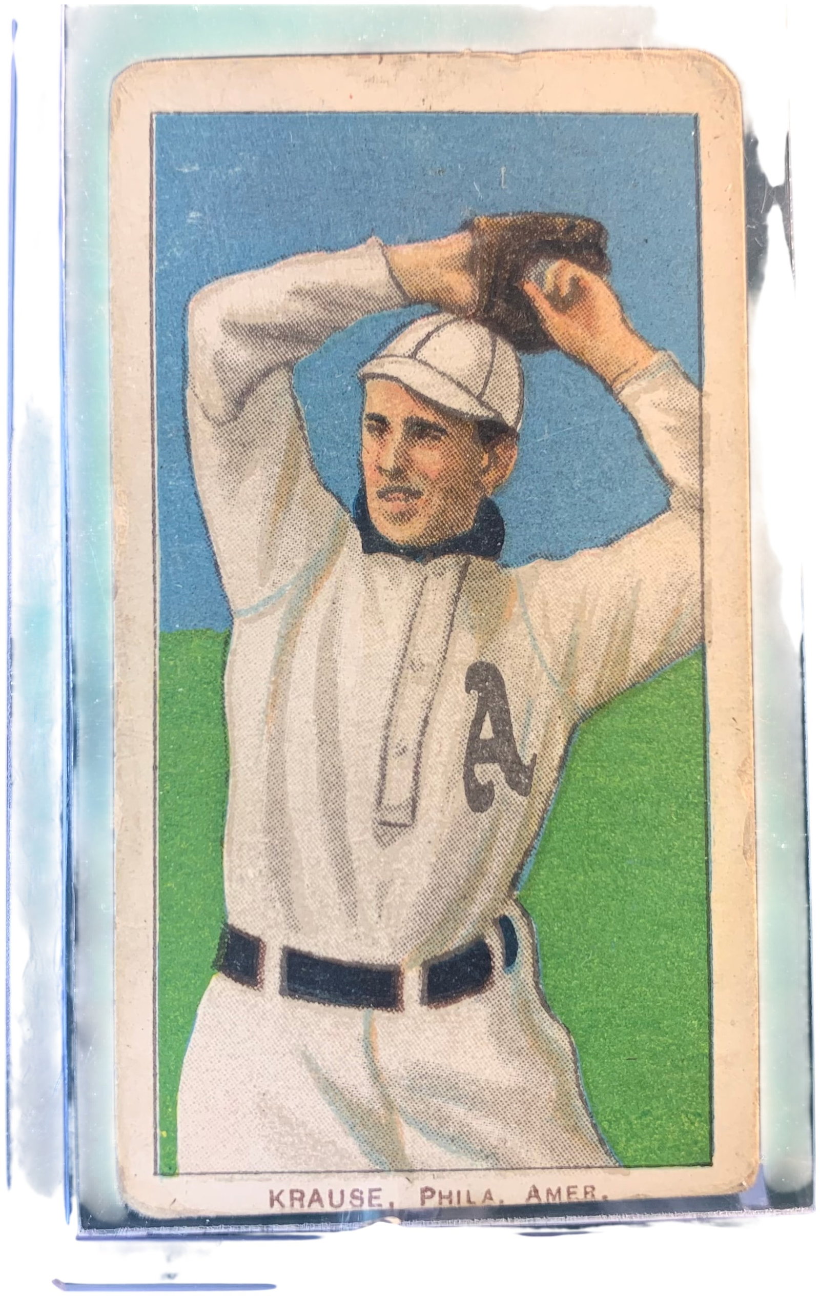 1909-1911 T206 White Border Jack Krause Philadelphia Athletics Baseball Card Sweet Caporal 350 Back: This original 1909-1911 T206 tobacco card, commonly known as The White Border series, features pitcher Jack (Harry) Krause of the Philadelphia Athletics. The front of the card depicts Krause in a pitc