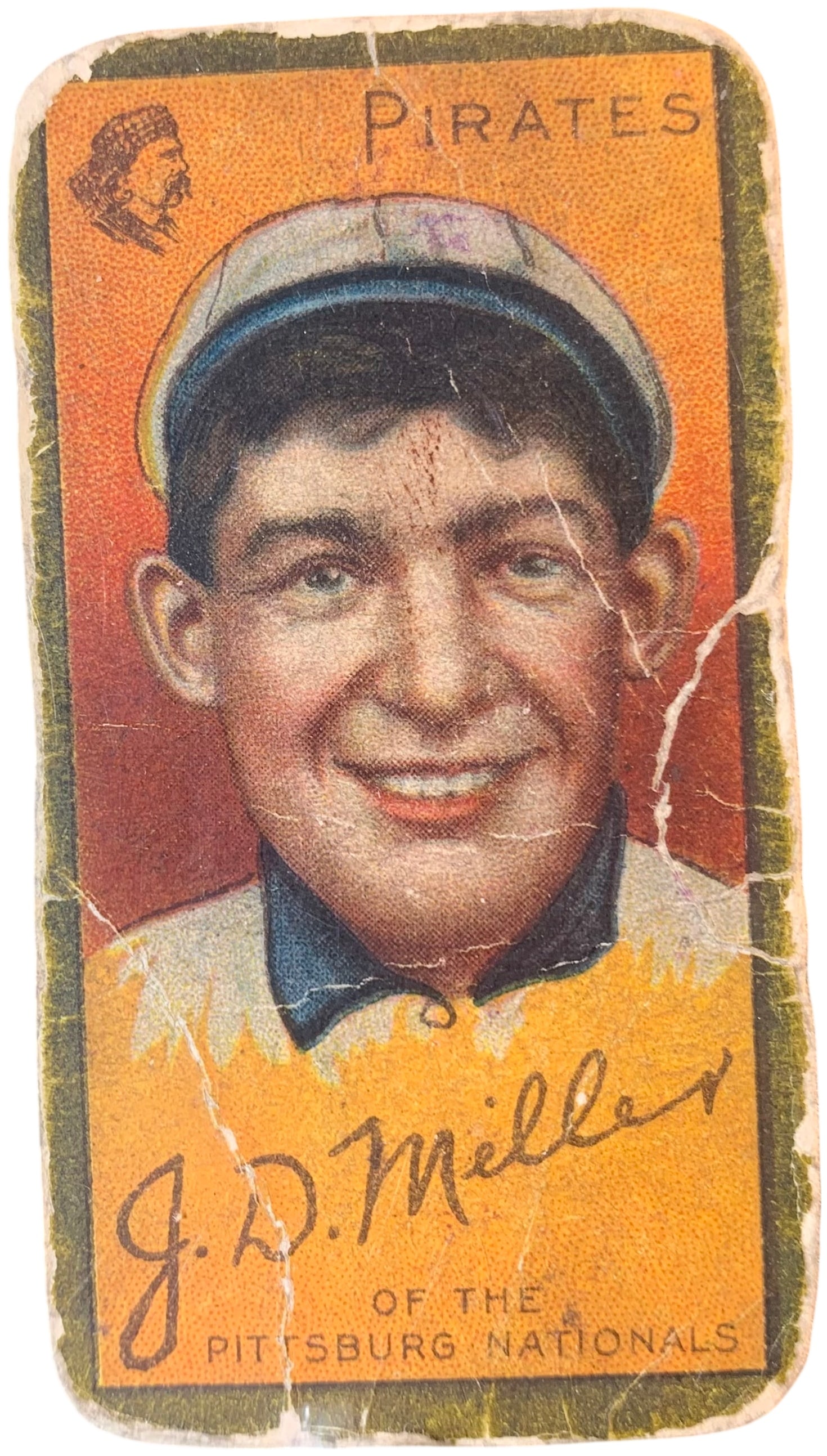 1911 T205 Gold Border John Dots Miller Pittsburg Pirates Piedmont Back Baseball Card: This baseball card is from the 1911 T205 Gold Border set issued by the American Tobacco Company. The subject is John Dots Miller of the Pittsburg Pirates. The front features a color portrait framed by