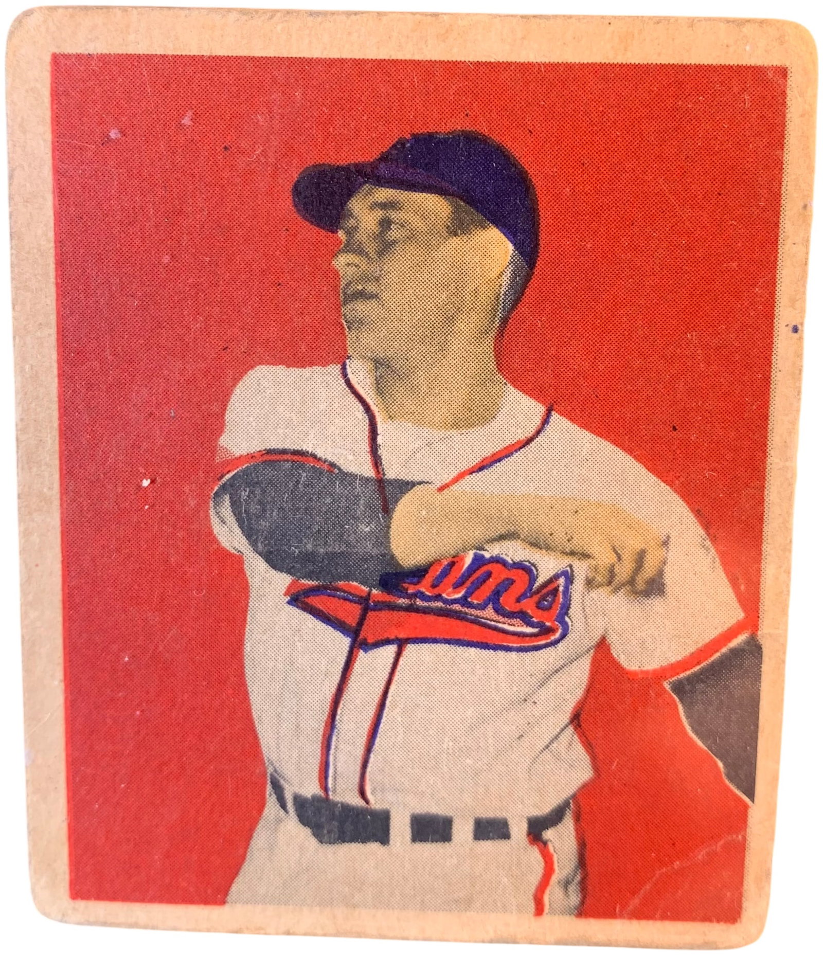 1949 Bowman Baseball Card No. 27 Bob Feller Cleveland Indians: This 1949 Bowman baseball card features Hall of Fame pitcher Bob Feller of the Cleveland Indians. Designated as card number 27 within the series of 240, the front presents a colorized photographic por