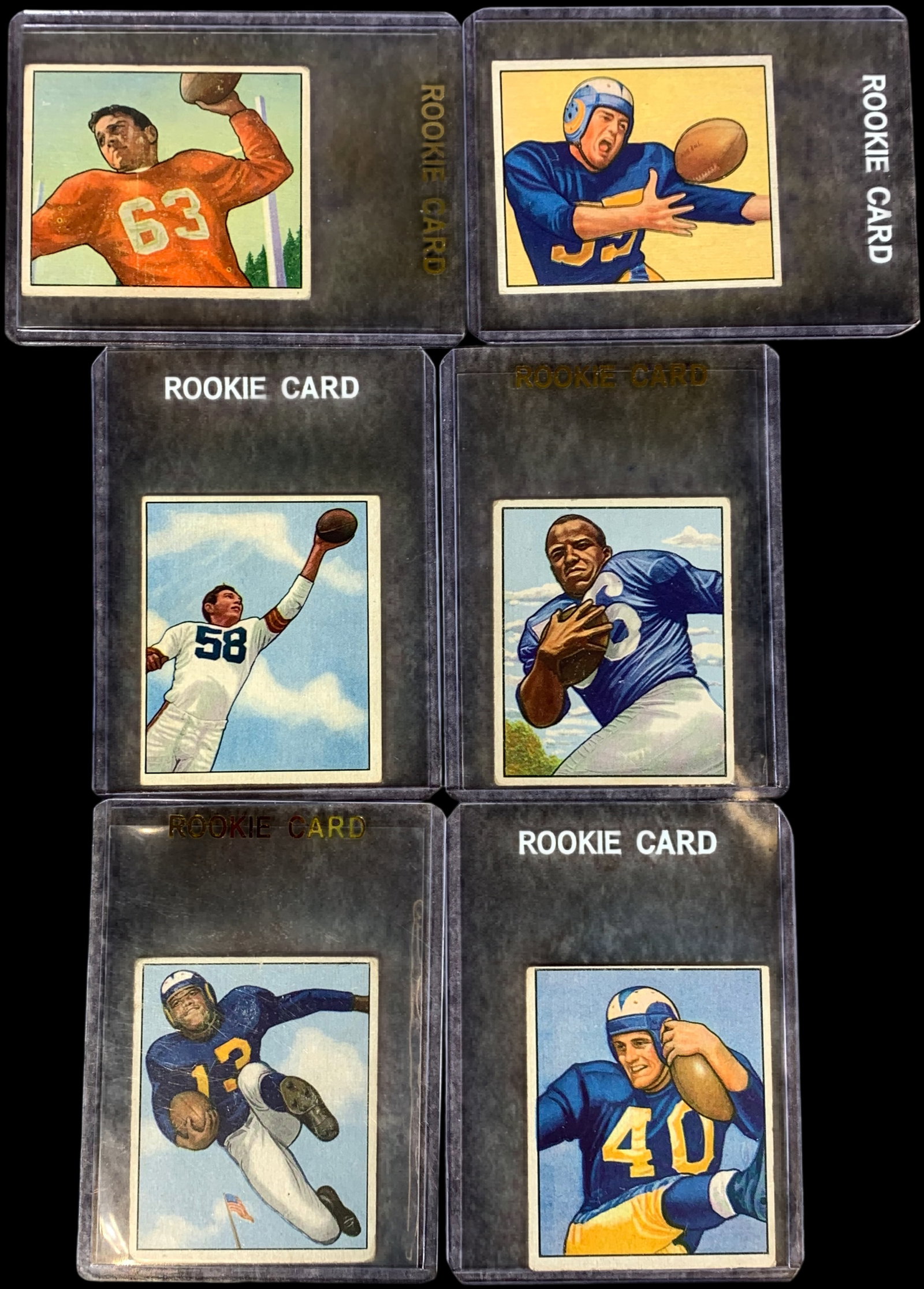 A Collection of Six 1950 Bowman Football Rookie Cards Including Hall of Famers: This lot consists of original 1950 Bowman Football cards, all of which are rookie cards for the featured players. The group includes several members of the Pro Football Hall of Fame. The cards are pri